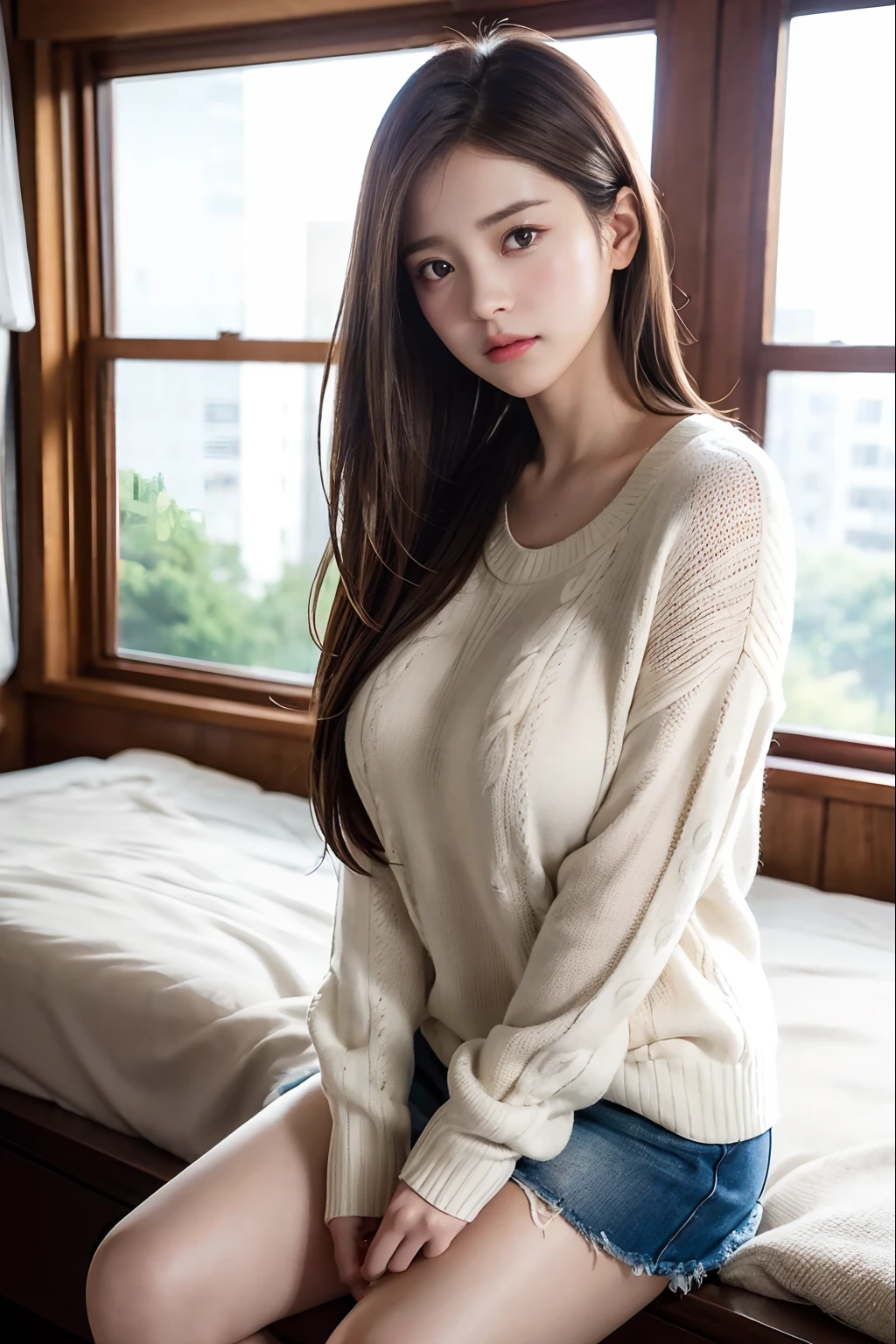 randome pose、top-quality、超A high resolution、(Photorealsitic:1.5)、1人、Sweaters、(Brown hair:1.2)、(huge-breasted:1.2)、a room、looking at viewert、a closeup、full body Esbian、Nasty eyes、embarassed face