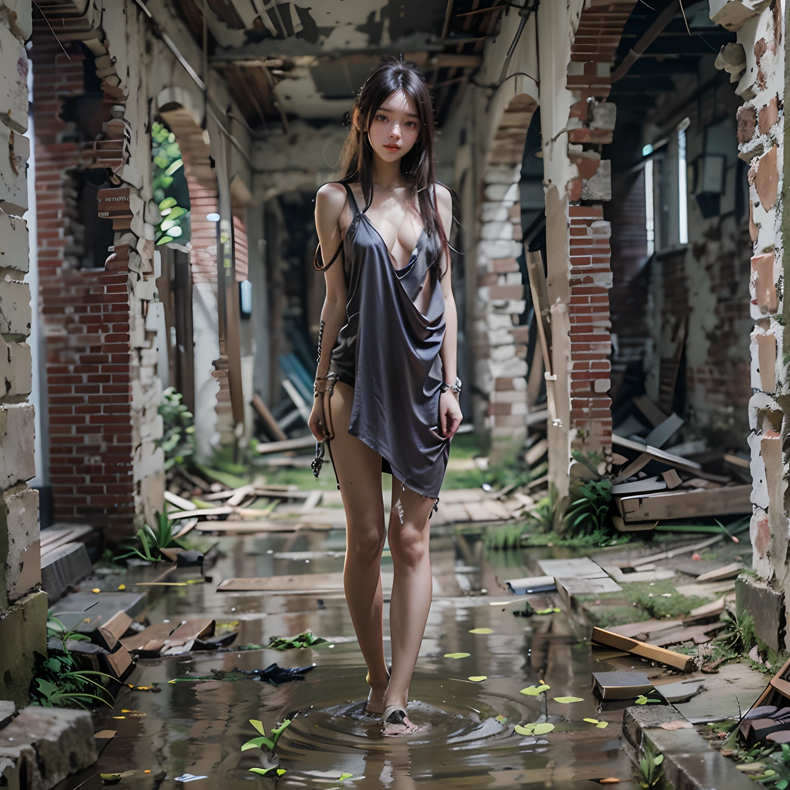 Abandoned ruins sexy standing pose，full-body portraits（1：1），18 years old girls，Slender and slender figure，Skinny，As thin as a whipping post，Smaller bust，The barefoot，Random nudity all over the body，exhibitionists，Random exposure of genitals，face to the viewer