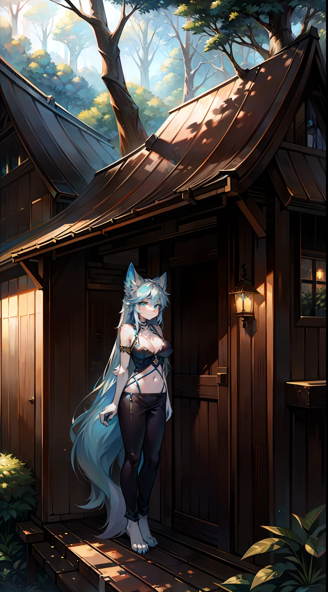 rainforests，tree house，Big-tailed wolf，blue color eyes，grey long hair，female，Thin clothes，Stand next to the house