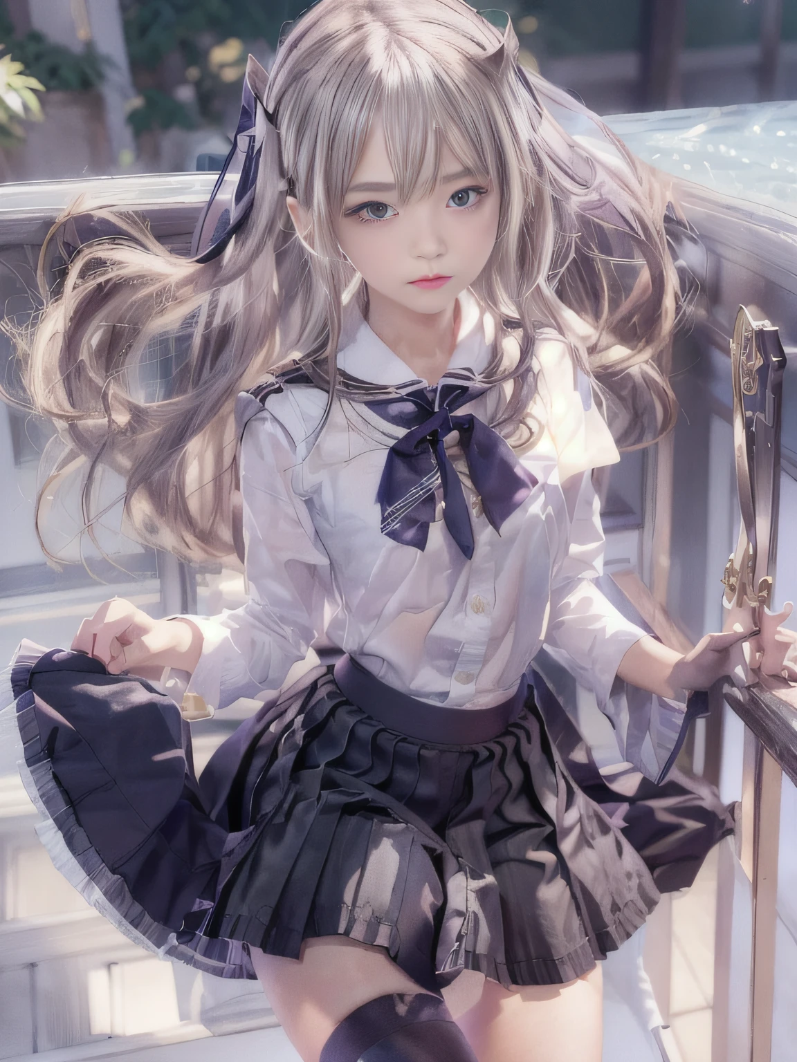 retinas, masutepiece, ccurate, Anatomically correct, Textured skin, Super Detail, high details, High quality, awardwinning, Best Quality, hight resolution, Close up of girl in 8k dress and shirt, loose coat collar sailor uniform, thin head,magical school student uniform, japanese girl school uniform, , Cute dress, katelynn mini cute style, dressed with long fluent clothes, School uniform, magic school uniform, black and white clothes, Stylish dress, school girl in gothic dress, Black Quick, Elegant clothes,((small tits,Thin leg,skinny thigh)),slim figure,extremely detailed eye and face、beatiful detailed eyes,Beautiful skins,finely detail、Very smooth hair,detailed hairs,Very fine hairs,Young shiny hair,(Knee-length skirt:1.7),((skirt rift:1.6)),1girl in,small tits,Thin leg,独奏,Wearing underwear,Smaller face,realistic facial expression,(Face to feel:1.6),Enchanted,Nasty look,(o-face:1.4),Functional,milky skin,Soft lips,Raw photo,Expression in love,Shyness,Longing for love,Sex appeal in girls,The smell of sex appeal,Cool color makeup,Lowered eyebrows、Whitening effect,Very soft lighting,Backgrounds suitable for students,Structure of romance movie style,Tragic love,((Ephemeral Girl)),