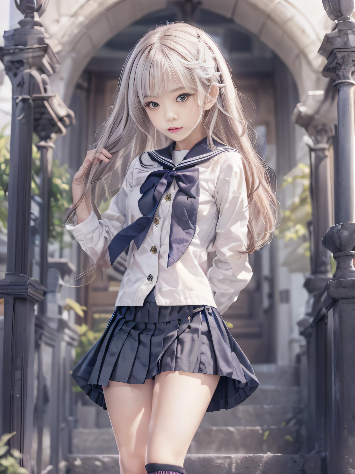 retinas, masutepiece, ccurate, Anatomically correct, Textured skin, Super Detail, high details, High quality, awardwinning, Best Quality, hight resolution, Close up of girl in 8k dress and shirt, loose coat collar sailor uniform, thin head,magical school student uniform, japanese girl school uniform, , Cute dress, katelynn mini cute style, dressed with long fluent clothes, School uniform, magic school uniform, black and white clothes, Stylish dress, school girl in gothic dress, Black Quick, Elegant clothes,((small tits,Thin leg,skinny thigh)),slim figure,extremely detailed eye and face、beatiful detailed eyes,Beautiful skins,finely detail、Very smooth hair，detailed hairs，Very fine hairs，Young shiny hair，(Knee-length skirt:1.7),((skirt rift:1.6)),1girl in,small tits,Thin leg,独奏,Wearing underwear,Smaller face,realistic facial expression,(Face to feel:1.6),Enchanted,Nasty look,(o-face:1.4),Functional,milky skin,Soft lips,Raw photo,Expression in love,Shyness,Longing for love,Sex appeal in girls,The smell of sex appeal,Cool color makeup，Lowered eyebrows、Whitening effect，Very soft lighting，Backgrounds suitable for students，Structure of romance movie style，Tragic love，((Ephemeral Girl))，