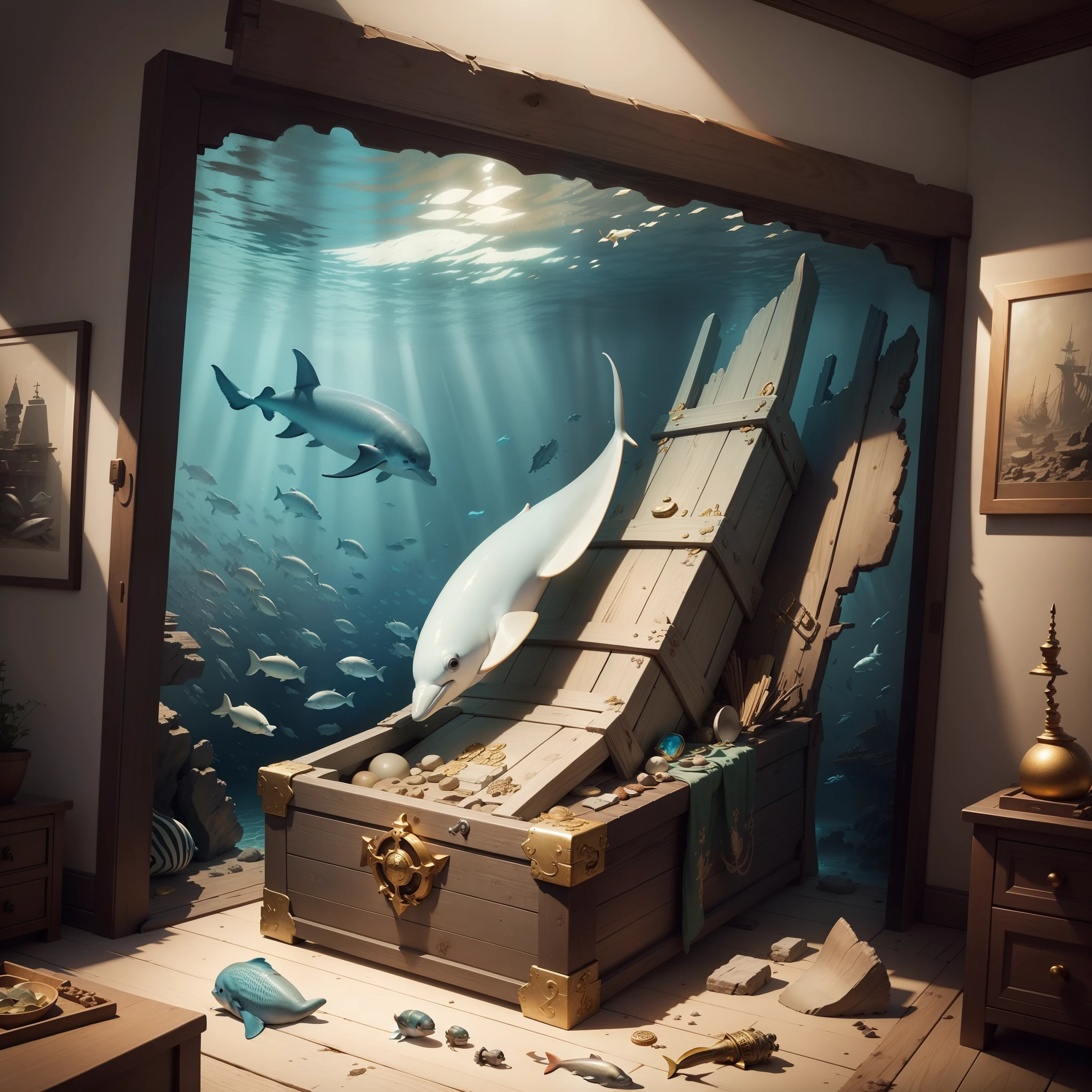 under water with lots of fish Dolphins a Treasure chest an old shipwreck lots of gold beautiful Best quality, realistic, award-winning illustration in color, (fine detail) christian lassen style