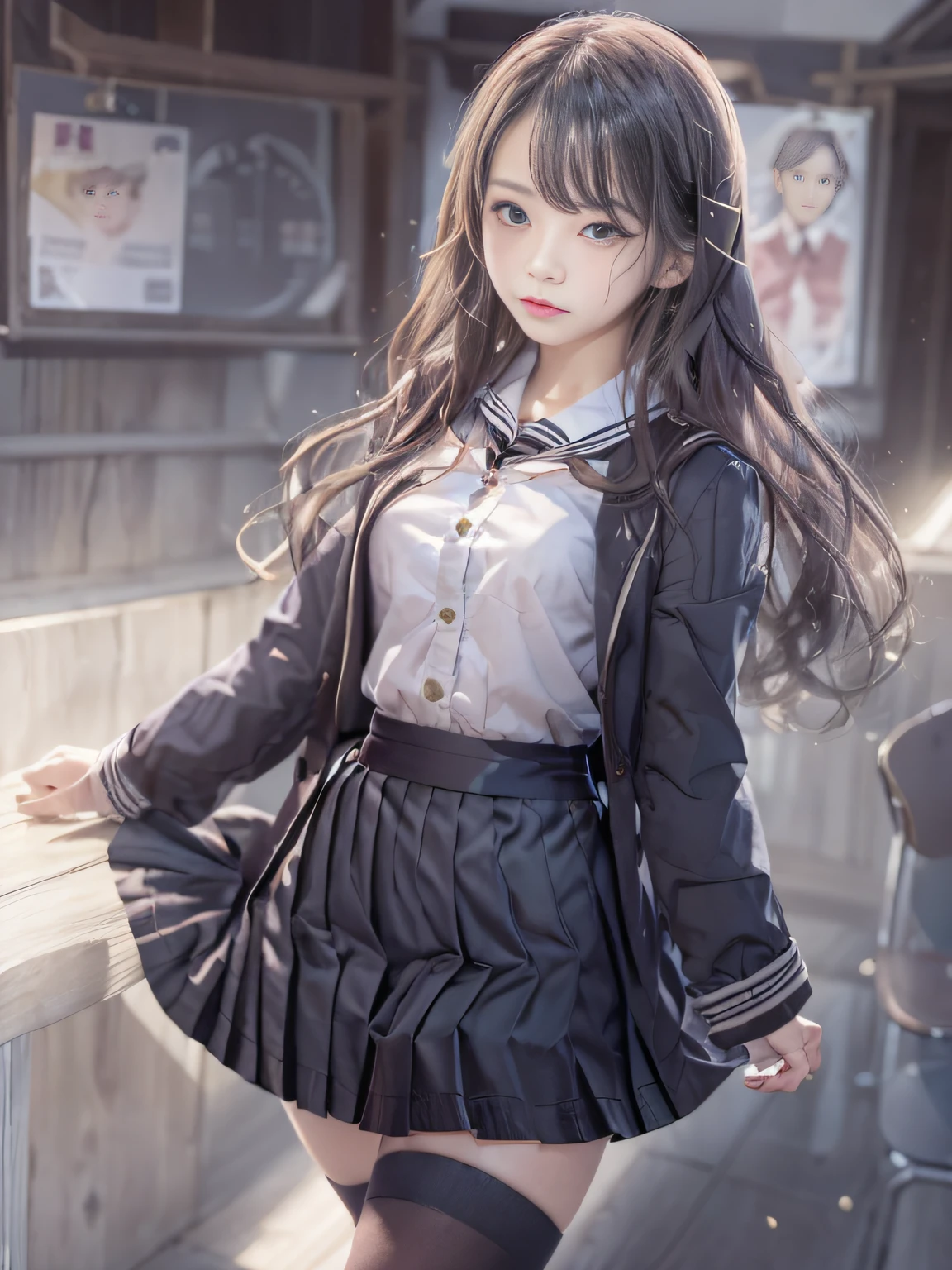 retinas, masutepiece, ccurate, Anatomically correct, Textured skin, Super Detail, high details, High quality, awardwinning, Best Quality, hight resolution, Close up of girl in 8k dress and shirt, loose coat collar sailor uniform, thin head,magical school student uniform, japanese girl school uniform, , Cute dress, katelynn mini cute style, dressed with long fluent clothes, School uniform, magic school uniform, black and white clothes, Stylish dress, school girl in gothic dress, Black Quick, Elegant clothes,((small tits,Thin leg,skinny thigh)),slim figure,extremely detailed eye and face、beatiful detailed eyes,Beautiful skins,finely detail、Very smooth hair，detailed hairs，Very fine hairs，Young shiny hair，(Knee-length skirt:1.7),((skirt rift:1.6)),1girl in,small tits,Thin leg,独奏,Wearing underwear,Smaller face,realistic facial expression,(Face to feel:1.6),Enchanted,Nasty look,(o-face:1.4),Functional,milky skin,Soft lips,Raw photo,Expression in love,Shyness,Longing for love,Sex appeal in girls,The smell of sex appeal,Cool Color Makeup，Lowered eyebrows、Whitening effect，Very soft lighting，Backgrounds suitable for students，Structure of romance movie style，Tragic love，((Ephemeral Girl))，