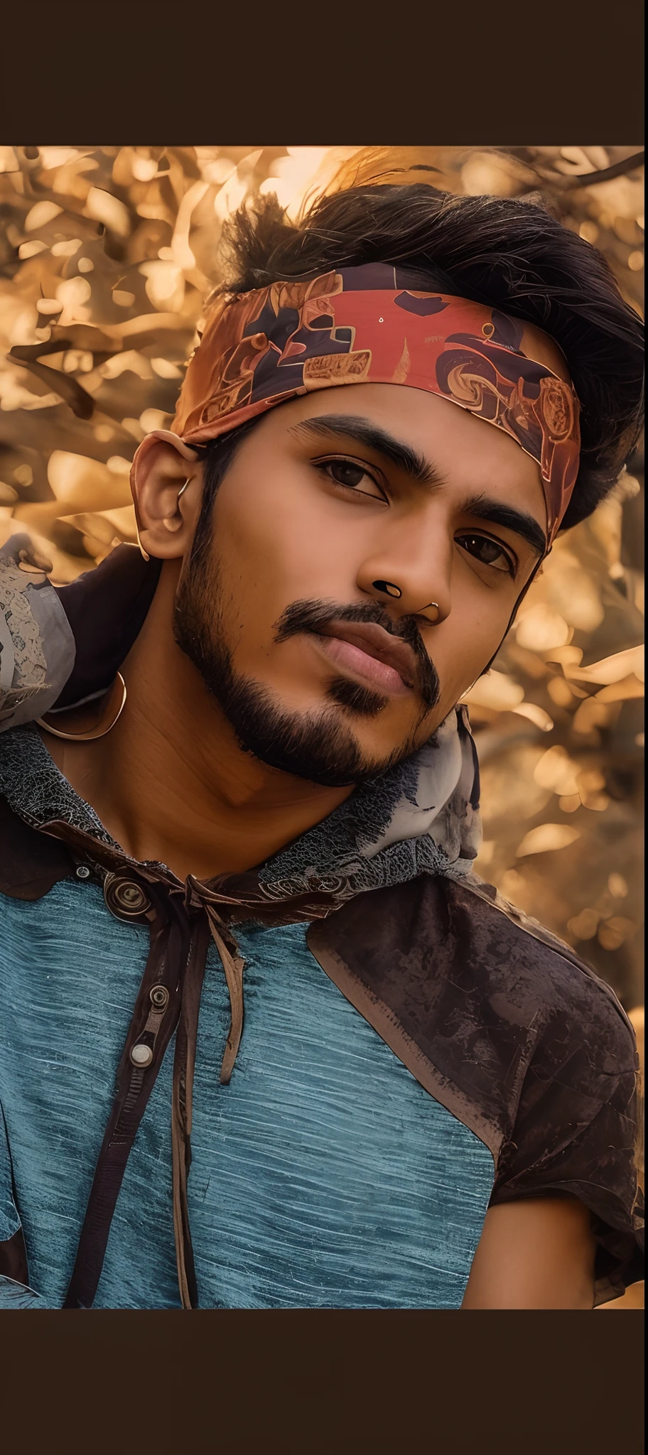there is a man with a bandana on his head, ayan nag, with accurate face, portrait shot 8 k, jayison devadas, good looking face, profile pic, edited in photoshop, around 1 9 years old, very artistic pose, riyahd cassiem, candid picture, very very low quality picture, soft portrait shot 8 k, mohamed chahin style