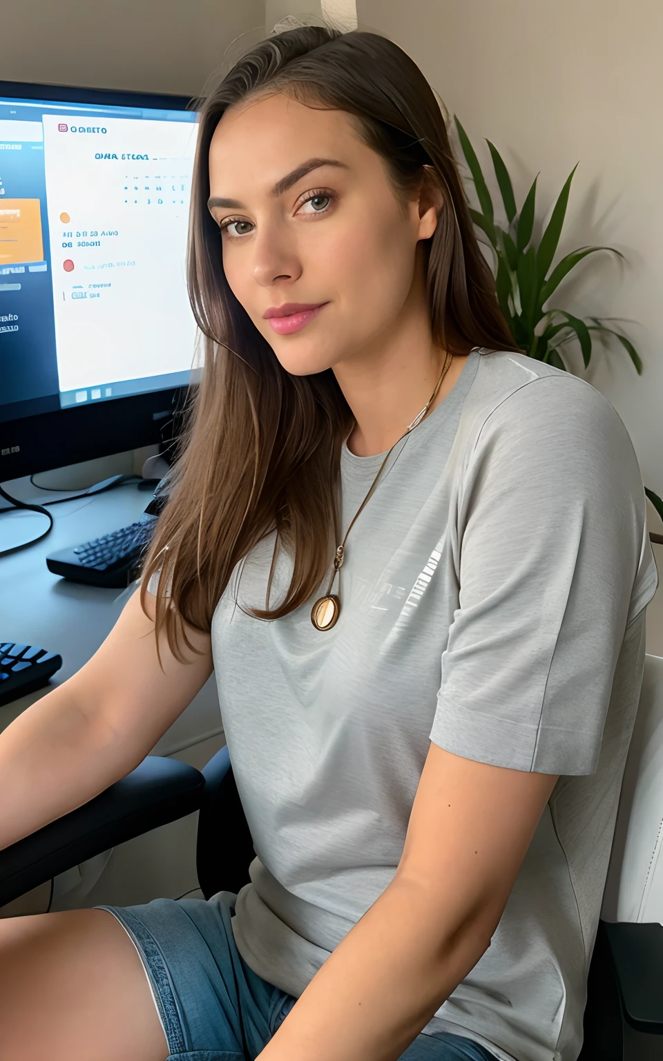 analog style, RAW photo, photography, hyper photorealistic, amateur photo shot of a woman sitting in front of her pc, gaming chair, monitor on showing adult website, in her streaming room, detailed skin, soft natural raw light, highly detailed, best quality, ultra detailed, extremely detailed, taken from mobile camera, f/22, deep depth of field, grain, noise