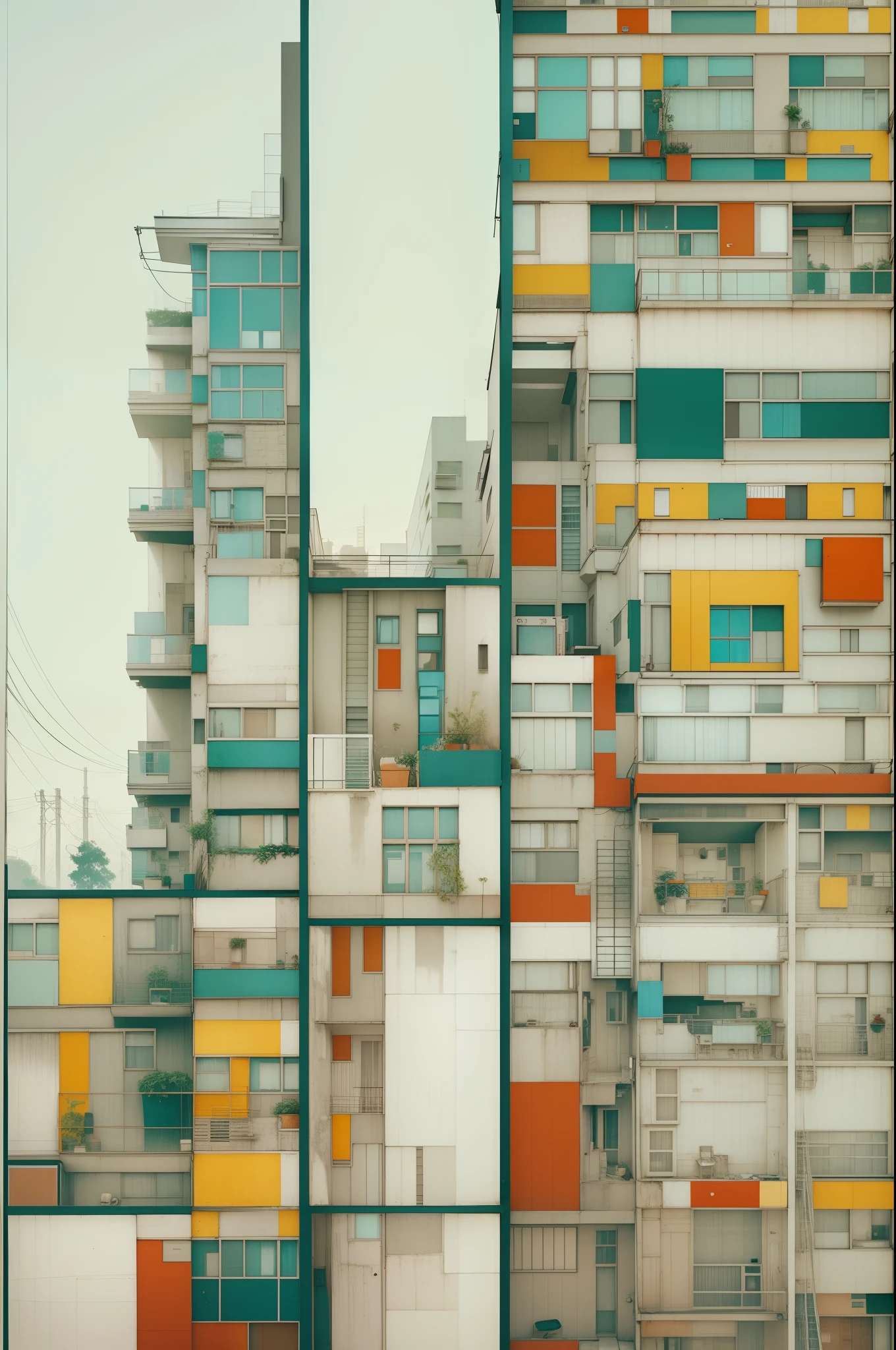 Draw a picture that reinterprets the apartment landscape of Seoul in the Mondrian style.