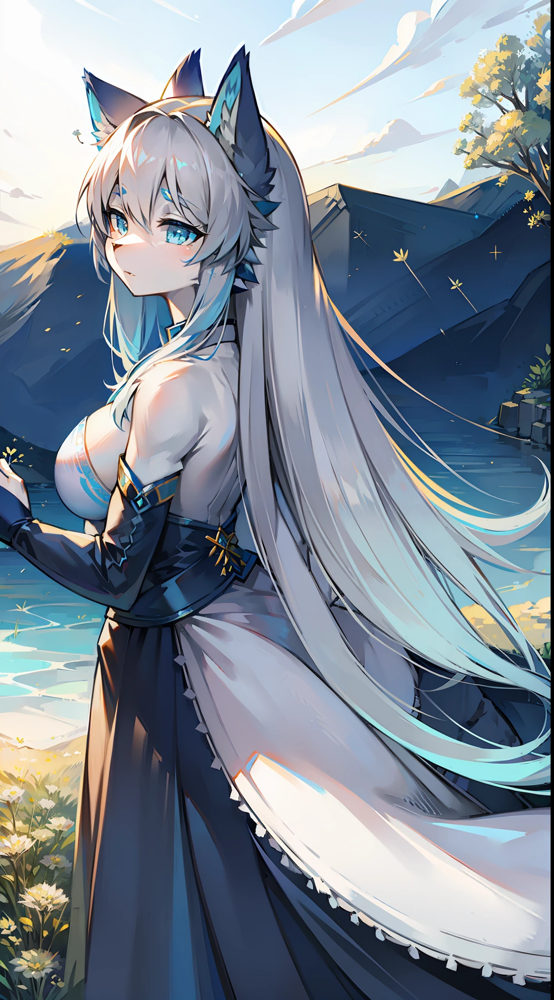 Dandelion flower sea，Big-tailed wolf，female，blue color eyes，grey long hair，Short white dress