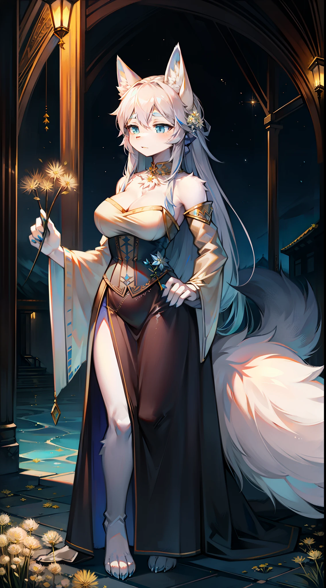 Dandelion flower sea，Big-tailed wolf，female，blue color eyes，grey long hair，Short white dress