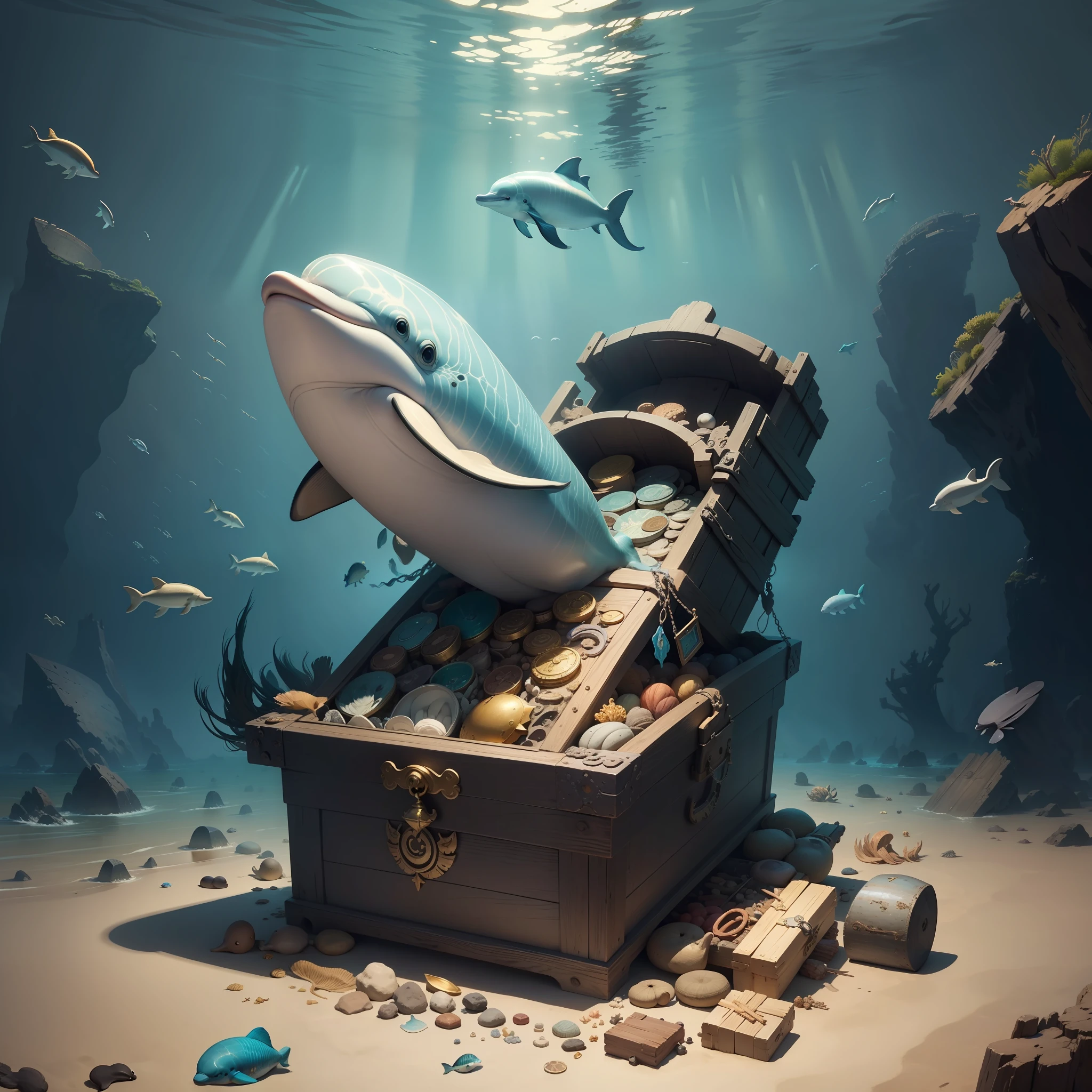 under water with lots of fish Dolphins a Treasure chest an old shipwreck lots of gold beautiful Best quality, realistic, award-winning illustration in color, (fine detail) christian lassen style