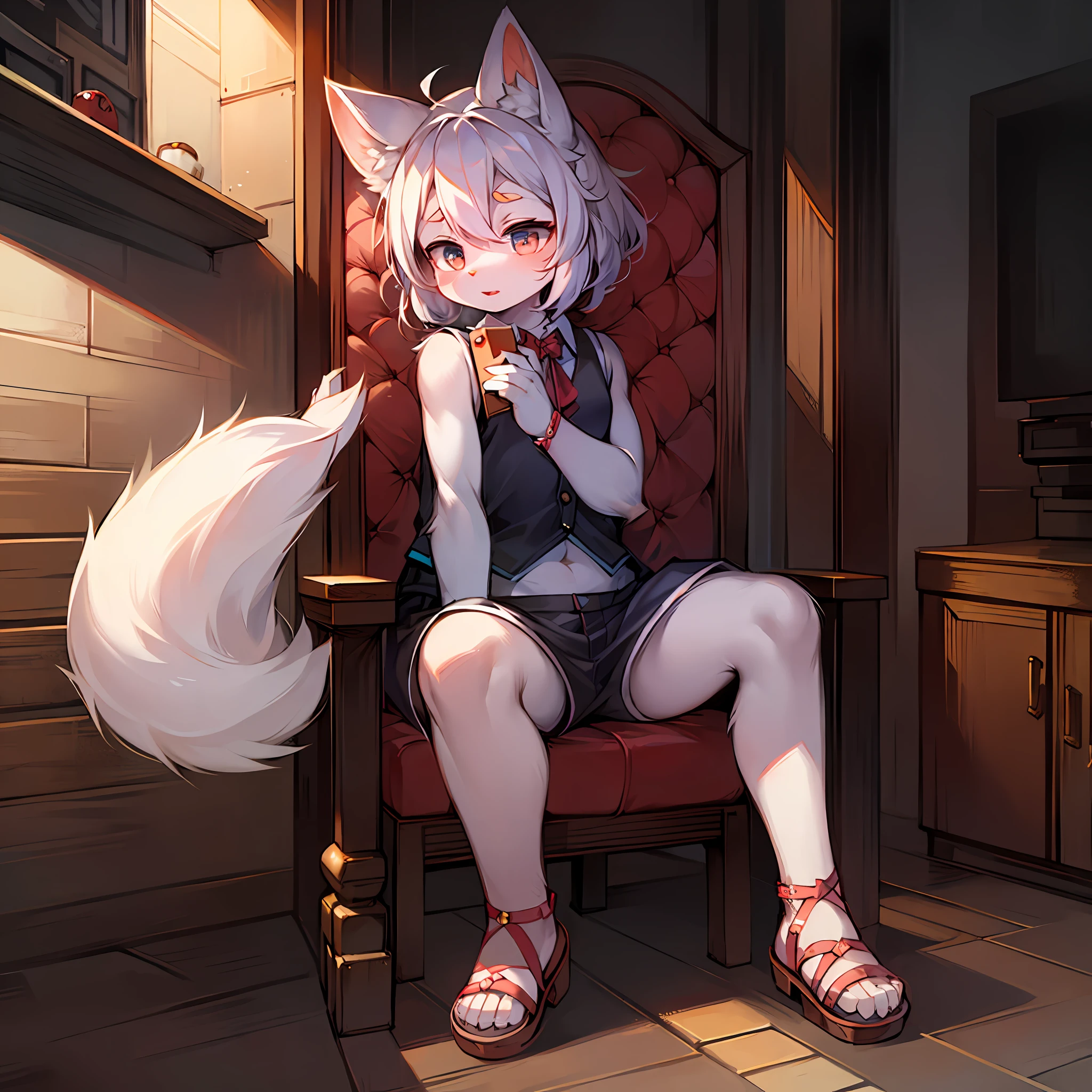 White fur loli cat ears face sandals sitting on a chair playing games vest