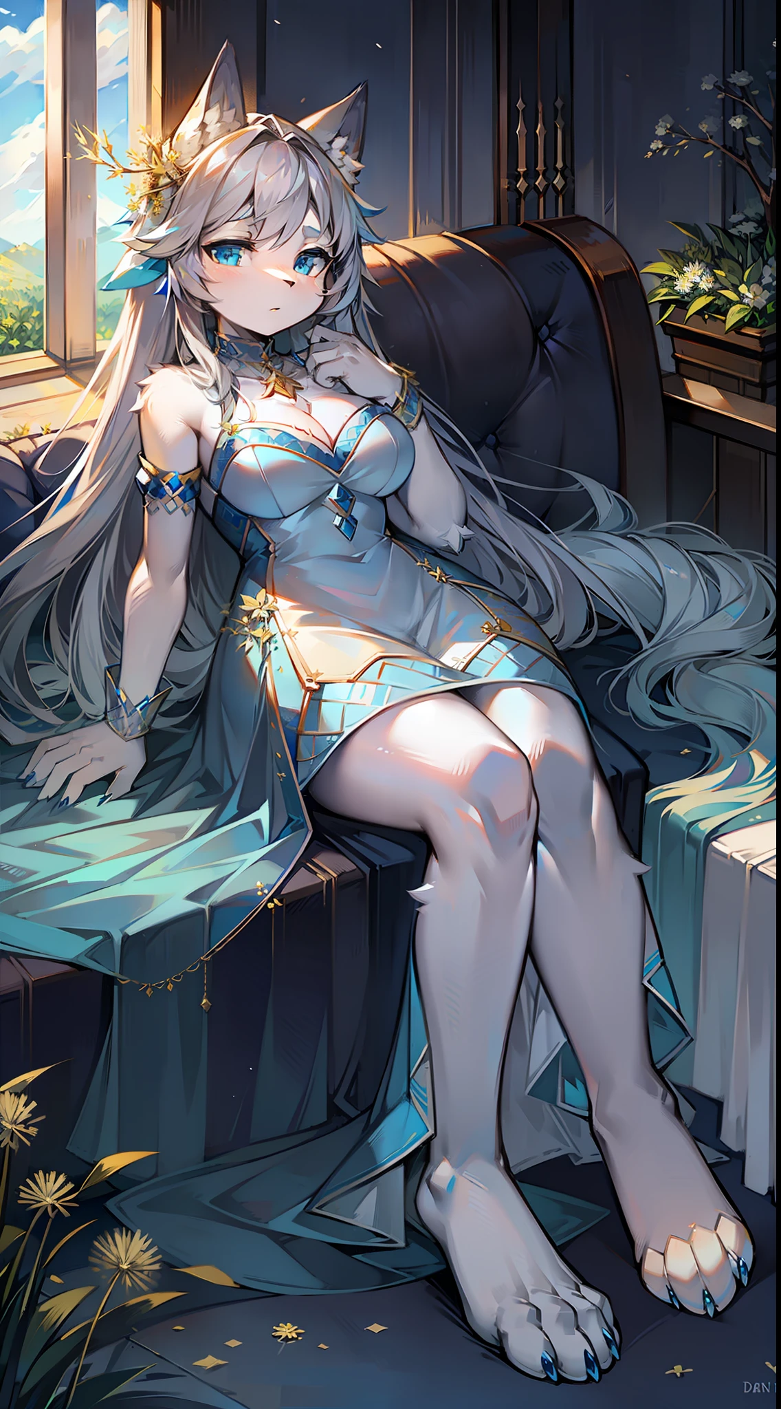 Dandelion flower sea,Big-tailed wolf,female,blue color eyes,grey long hair,Short white dress