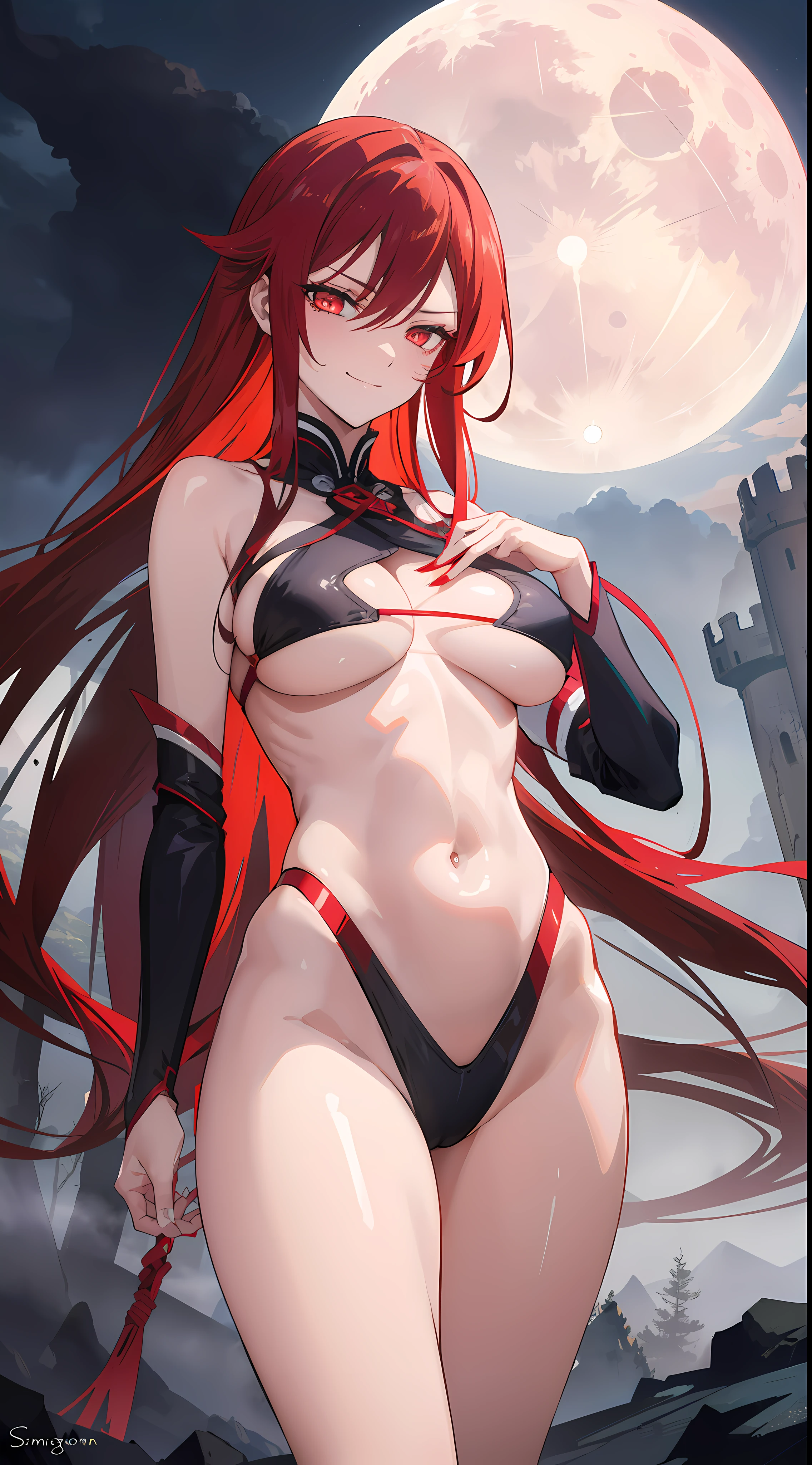 (masterpiece, best quality), glowing eyes, asmodeusoutfit, underboob, smirk, blushing, dark, gloomy, dramatic lighting, fog, mist, god rays, fantasy landscape, night, moon, castle, walking, girl, sexy, close up, red blood hair color,
asaemon_sagiri, (solo:1.4)