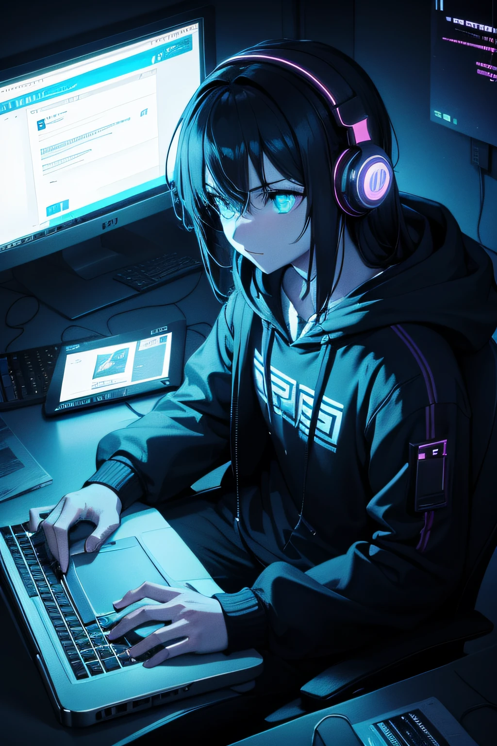 A young hacker sits typing away frantically on a laptop in a dark room lit only by the laptop's screen. The hacker has a focused yet playful look, wearing a hoodie and headphones. Strange tech gadgets and glowing screens surround them on an organized cluttered desk. The image is highly detailed with dramatic cyberpunk lighting in a retro futuristic 80s aesthetic.