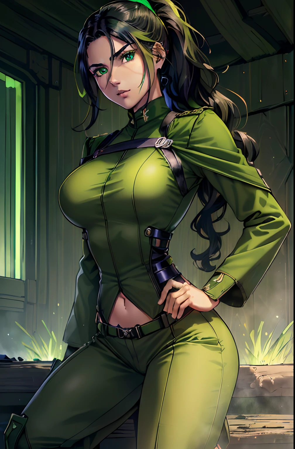 ((((((A young woman))), the anime, ( The eyes are green), (black hair), Nice face, ssmile, the perfect body, Wavy Hair, hairlong, (((morena))), big breastes, ((tmasterpiece, beste-Qualit)), illustartion, ультра детализированная 8k, Photorealistic, sharp-focus, higly detailed, Professional lighting, colorful details, Rainbow colors, Glowing, intricate detials, Vivid details,,, (Green Military Uniform), (green military pants), (green uniform),Black military boots, Hair gathered in a ponytail, army, barracks, Fight in the war
