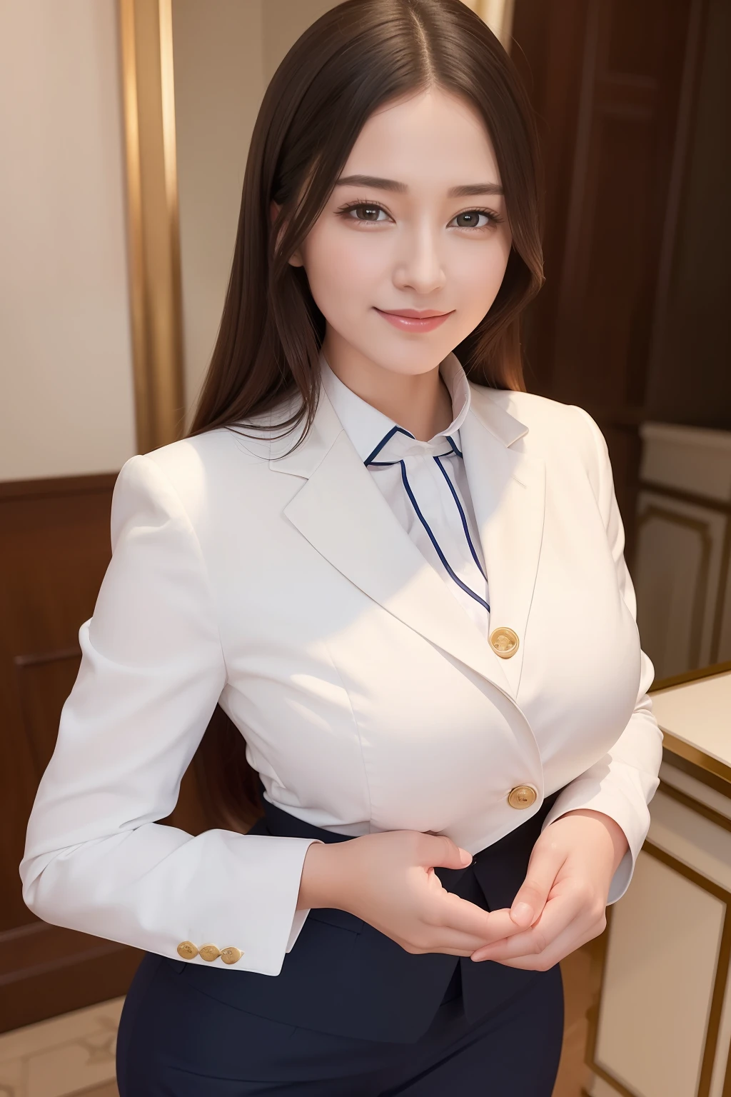 Very detailed and, Beautiful and aesthetic, beautiful, ​masterpiece, Best quality at best, hyperopia, ​masterpiece, ultra-definition, The ultra-Highres, realistic realism, A secretary dressed in a feminine suit greets a customer, Smiling faces, s whole body