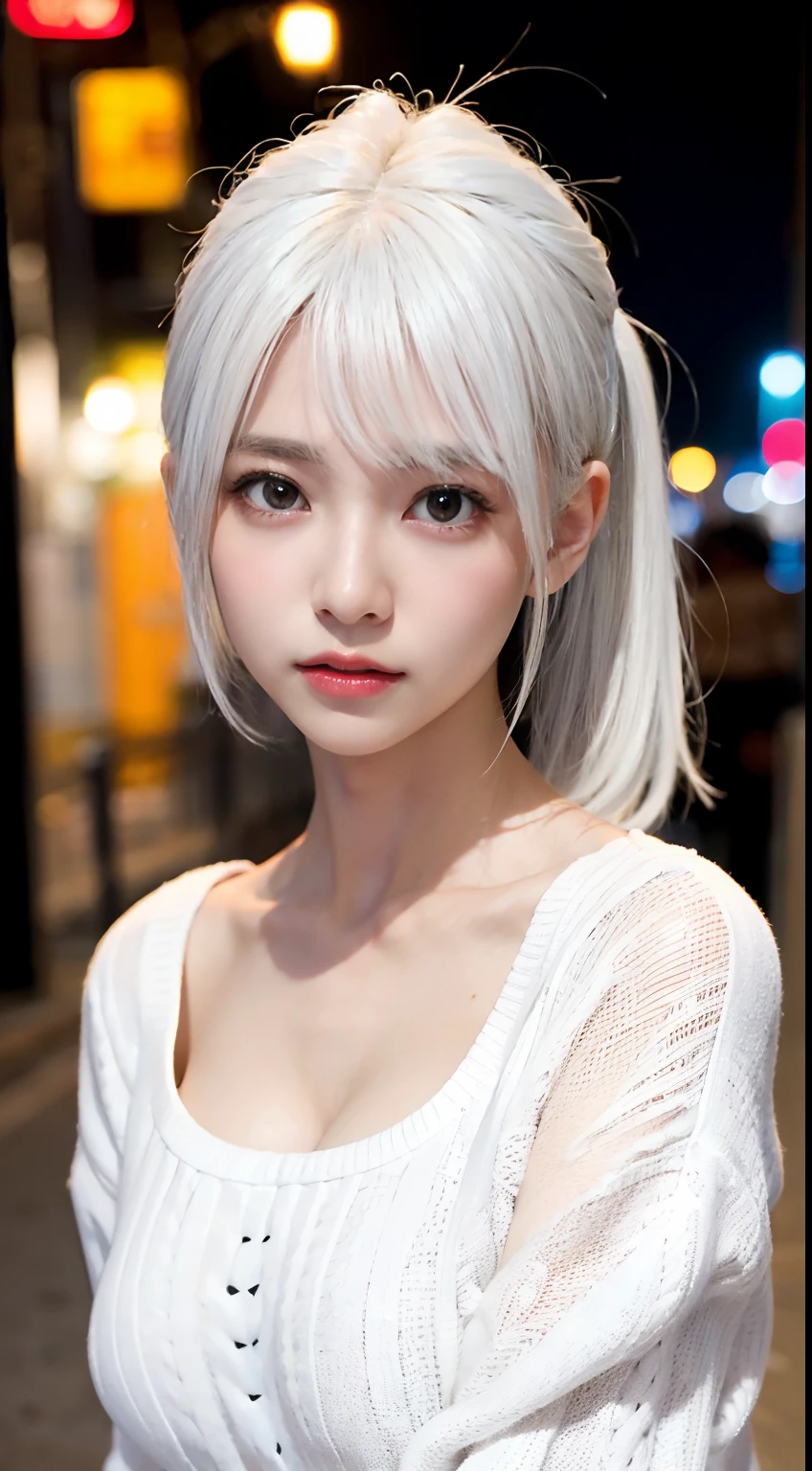 randome pose、top-quality、超A high resolution、(Photorealsitic:1.5)、1人、Sweaters、(white hair:1.2)、(breastsout:1.2)、On the street at night、looking at viewert、a closeup、full body Esbian、Nasty eyes