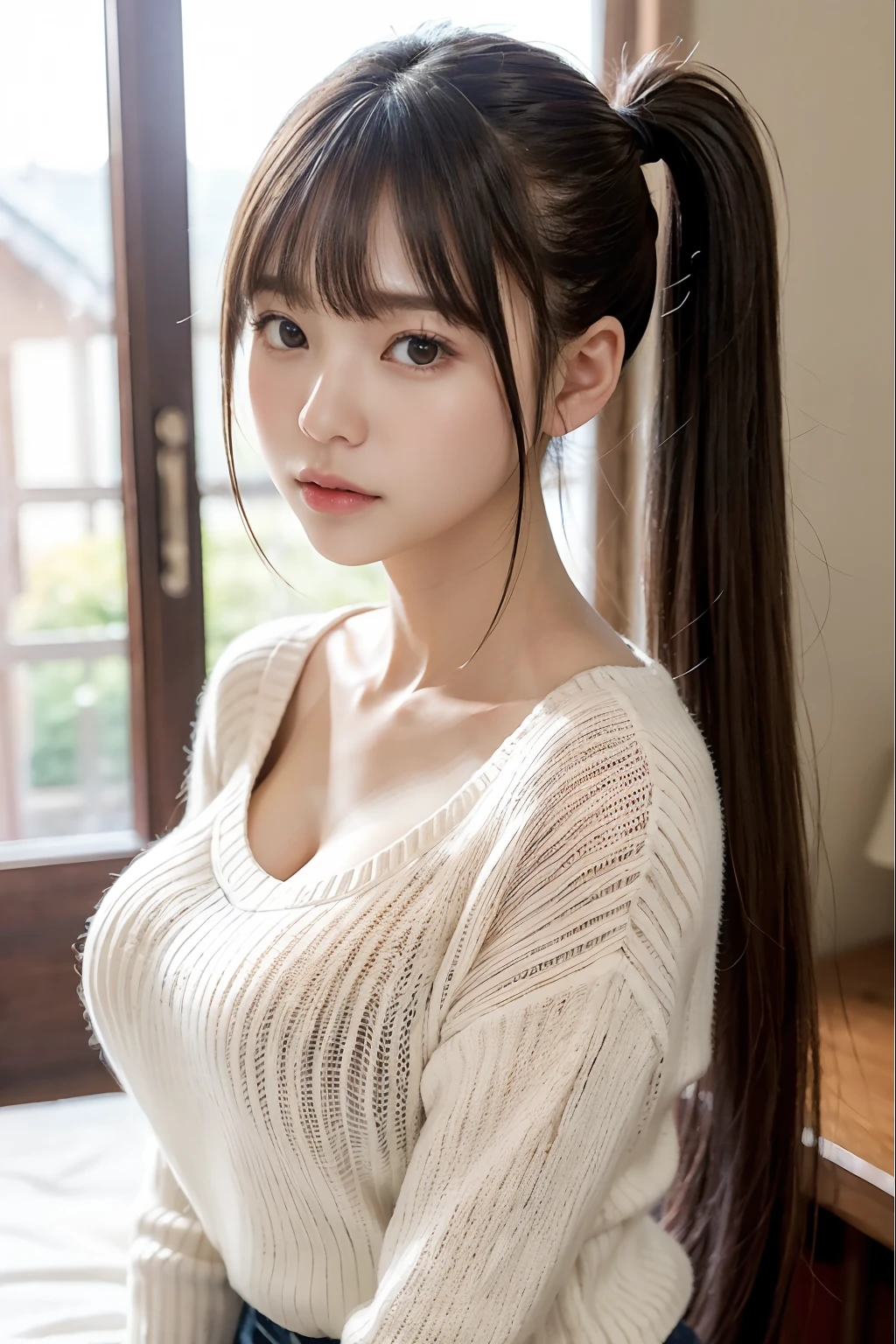 randome pose、top-quality、超A high resolution、(Photorealsitic:1.5)、1人、Sweaters、(poneyTail:1.2)、(huge-breasted:1.2)、a room、looking at viewert、a closeup、full body Esbian、Nasty eyes、embarassed face