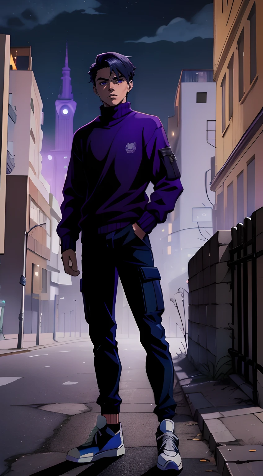 ((1 menino)) adolescente, Cabelo azul escuro, Evil expression, purple sweater, black cargo pants, White Air Force Shoes, posando como uma divindade, city ruins in the background, night time, Personagem maligno do anime