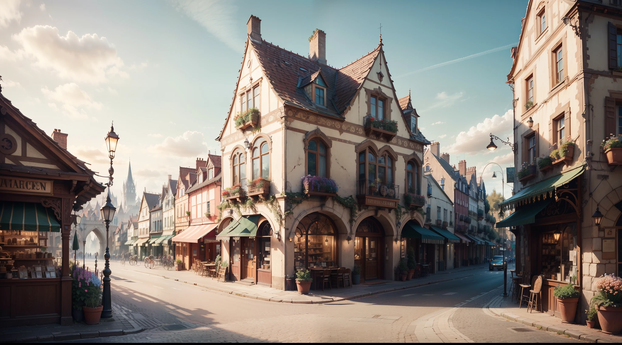 "picturesque townscape: breathtaking architecture in Art Nouveau style, ((paved street)), ((cafe in the background: 0.5)), ((magic shops: 0.5)); town square, charming, vibrant cityscape, enchanting magical fantasy ambiance, (masterpiece), (best quality), (ultra-detailed) beautiful surroundings in the background, many flowers and trees, insanely detailed and intricate, hypermaximalist, elegant, ornate, hyper realistic, Cinematic Lighting, Panorama, scenery"