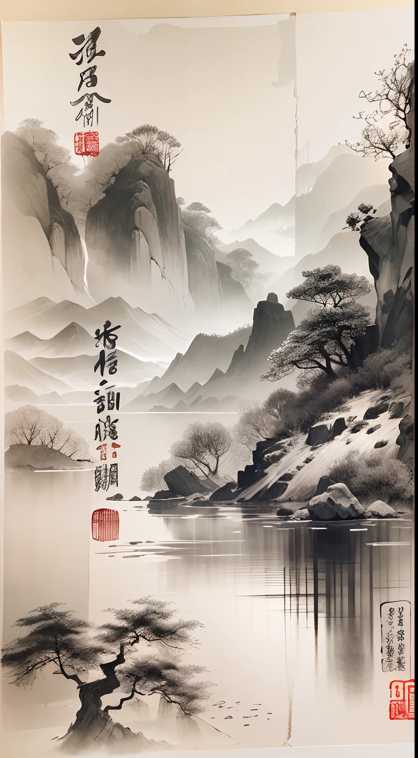 Ink painting，Draw on rice paper，Use thick and light ink to create light and dark variations and layers，Pick the right ink color，Such as deep black、Thick gray、Light coffee, etc，to express different situations and atmospheres，Control the gradient and transition of ink color by the humidity and consistency of the ink，mont，Eau，the trees，Lake surface，Small broken boat，Bleak, Desolate, Solitude，Black and white tones，dead tree， Traditional Chinese Ink Painting, Traditional Chinese art, author：Guo Xi, author：Ma Yuanyu, Traditional Chinese painting, author：Xu Xi, author：Luo Mu, author：Yang Buzhi, author：Li Kelan, author：Gu An, Ink painting ) ) ) ), Chinese ink painting, Chinese painting style