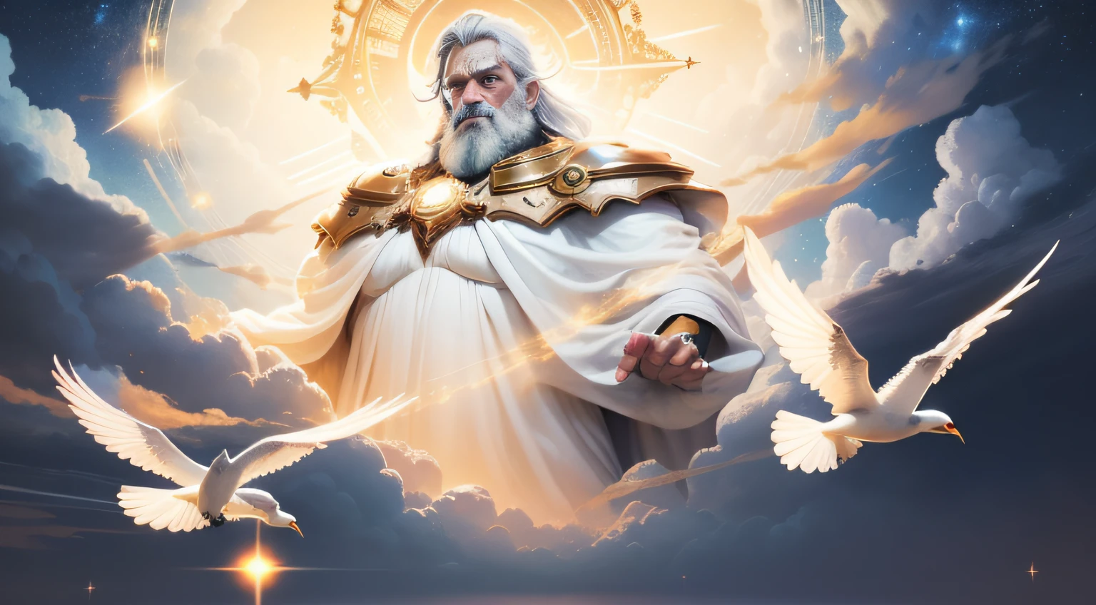 Uma figura masculina, Cara perfeita e cheia de detalhes, barba branca velha, muito velho, corpo velho, barba branca grande, flying through the clouds, old man, representando Enoque, floats majestically through the vast skies. It is covered by a flowing mantle and is illuminated by soft light, standing out against the backdrop of twinkling stars and constellations. His face expresses awe and awe as he travels through the cosmos. Estilo: hiper-realismo, inspirado em pinturas renascentistas. Uplighting: Uma suave luz divina ilumina Enoque, creating a halo around you. Cores: Heavenly tones with an emphasis on blues and silver. compositing: Canon EOS R5 Mirrorless Camera, RF 24-70mm F/2.Lente 8L Is USM, 45 megapixel resolution, Sensibilidade ISO: 20,000, Velocidade do obturador 1/60. --AR 16:9 --V 5.1 --estilo cru --q 2 --s 750