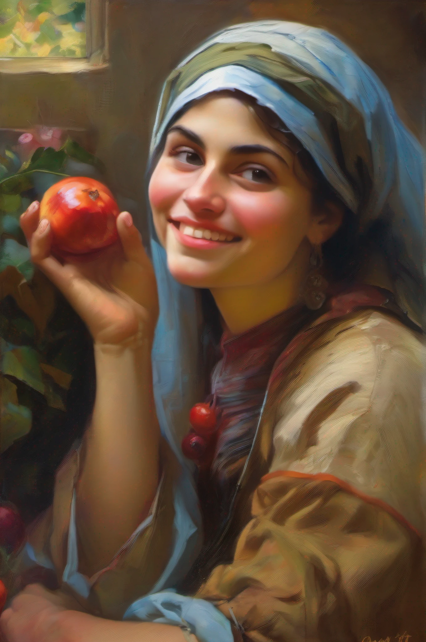 ((beste-Qualit)), ((oil painted)), (Young peasant woman, appearance: Italian:0,5/Moroccan:0,5), with a ripe pomegranate fruit in his hand, Emotional smile, ((tmasterpiece)), ((стиль Daniel F Gerhartz)), ((Realistic)),Colorful, Ultra-detailed, Impression:0,5
