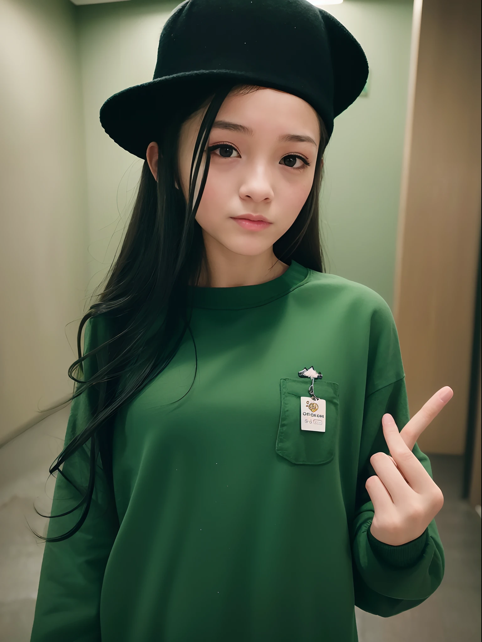 arafed girl with long hair wearing a green shirt and a black hat, with long hair, very very low quality picture, 18 years old, 1 6 years old, middle finger, she is about 1 6 years old, giving the middle finger, with index finger, around 1 9 years old, wearing sweatshirt, old picture, with long dark hair