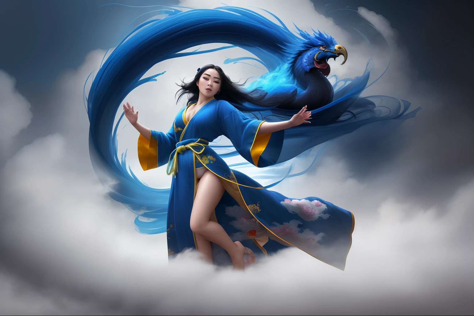 (1 girl),(Azure Chinese robe),
In a captivating scene, a beautiful woman adorned in a flowing white Chinese robe soars through the misty clouds on the back of a majestic Chinese phoenix. The wind gently lifts her robe, accentuating the sense of flight as they gracefully navigate the ethereal cloudscape.