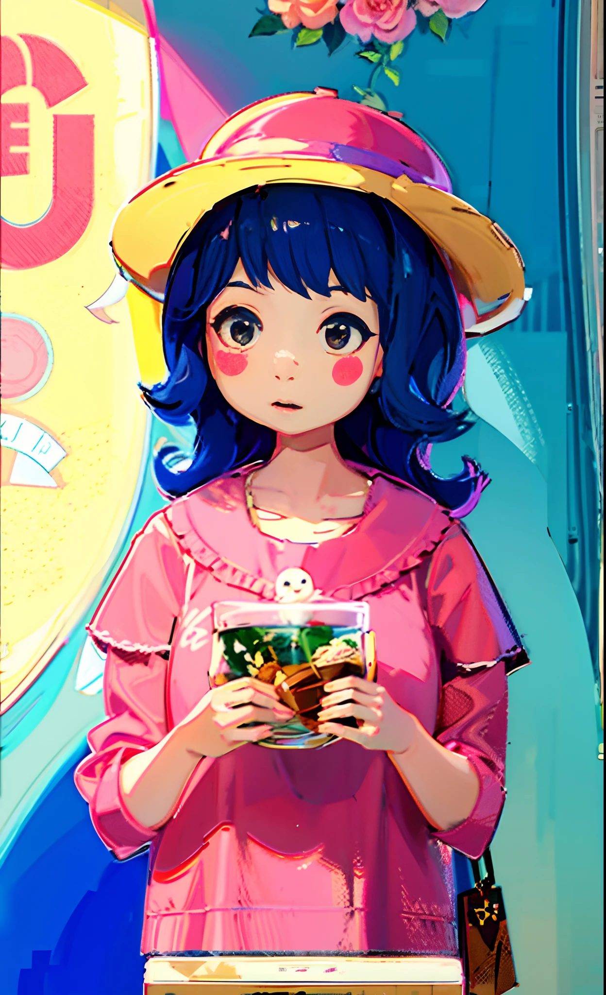 Children's art at the art station,cute detailed digital art,lovely art style,Lovely detailed artwork,lovely digital painting,Girl in flowers,adorable digital art,girl in a flower field,a beautiful artwork illustration,A woman holds a bowl of fruit in her hand, lofi-girl, soda themed girl, inspired by Takehisa Yumeji, half-body portrait, lofi portrait, in an anime style, In anime style, style in ghibli anime style, saori, inspired by Yanagawa Nobusada, , mysterious coffee shop girl