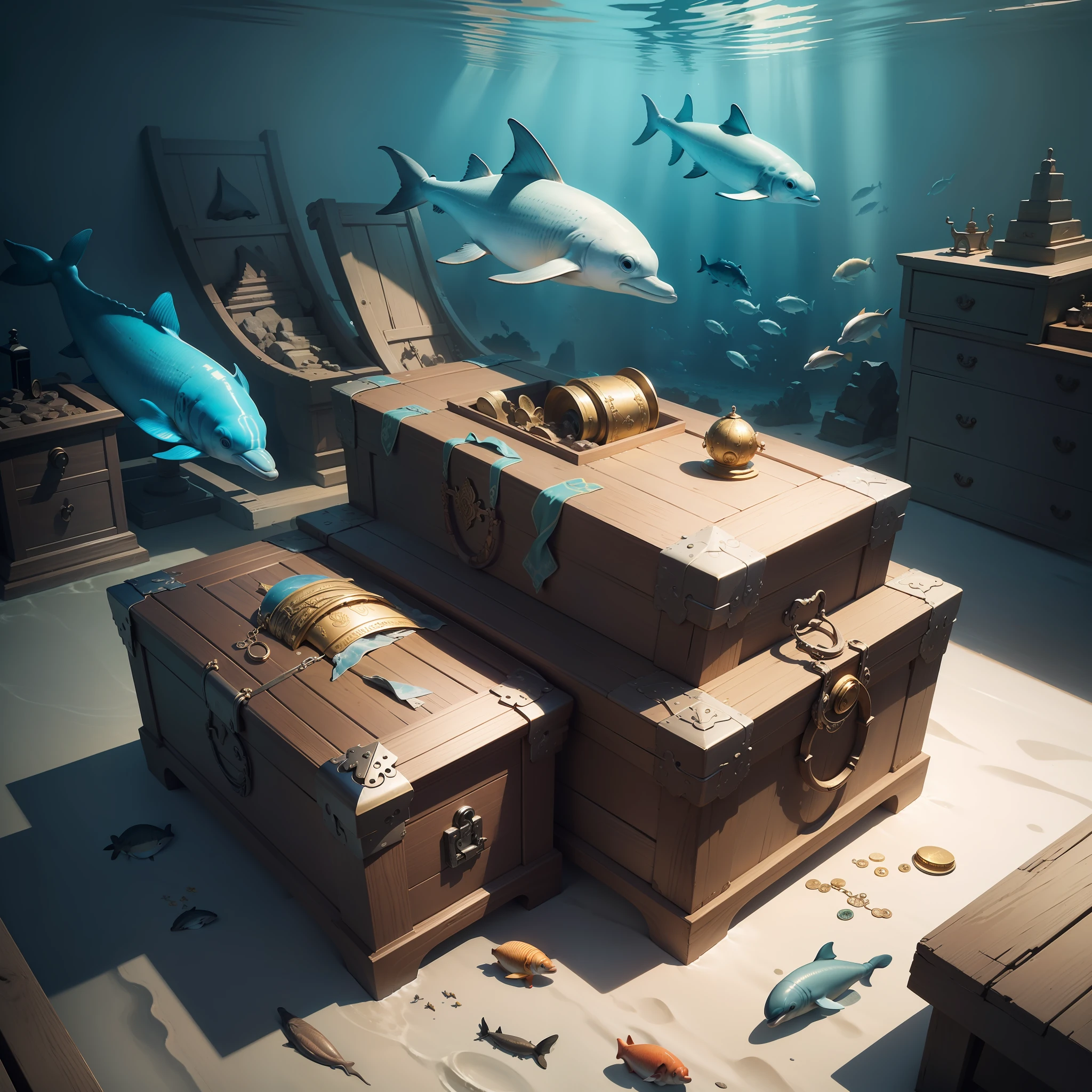 under water with lots of fish Dolphins a Treasure chest full of Inca treasure, an old shipwreck lots of gold beautiful Best quality, realistic, award-winning illustration in color, (fine detail) christian lassen style