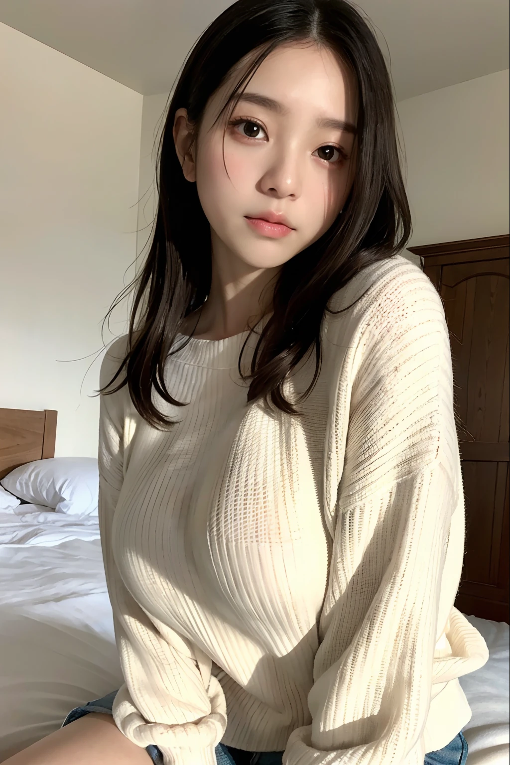 randome pose、top-quality、超A high resolution、(Photorealsitic:1.5)、女の子1人、Sweaters、(half up:1.2)、(huge-breasted:1.2)、a room、looking at viewert、a closeup、full body Esbian、Nasty eyes、embarassed face