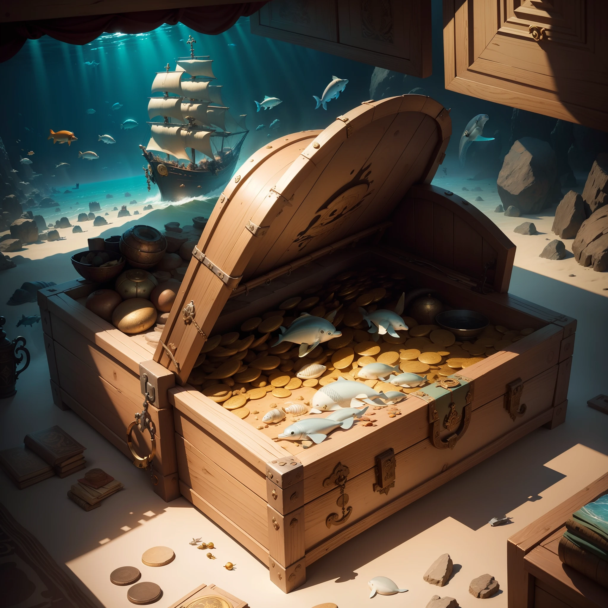 under water with lots of fish Dolphins a Treasure chest full of Inca treasure, an old shipwreck lots of gold beautiful Best quality, realistic, award-winning illustration in color, (fine detail) christian lassen style