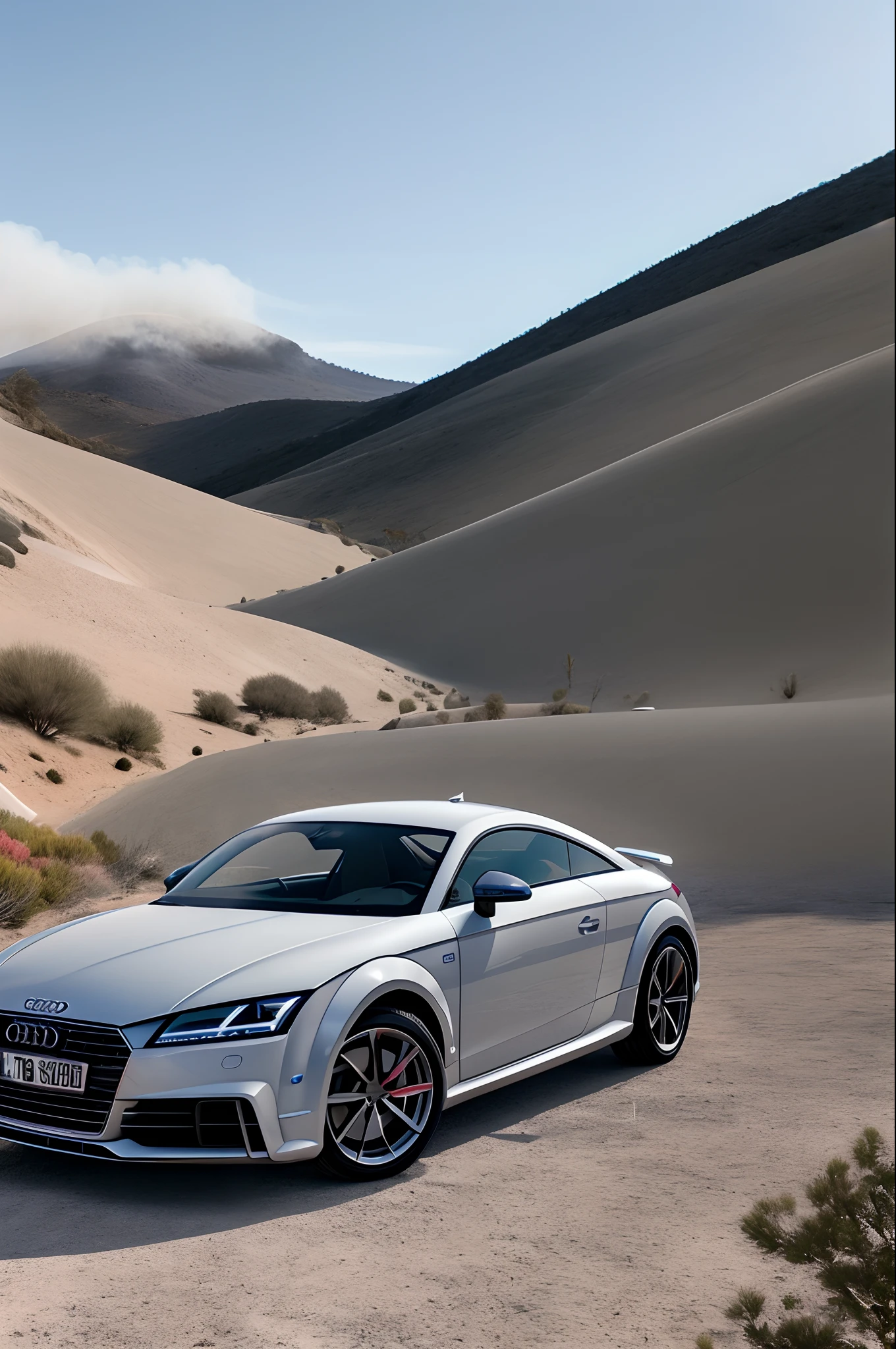 Crie para mim um Audi TT Branco No meio Do Fogo Derrapando com cores fortes e vibrantes