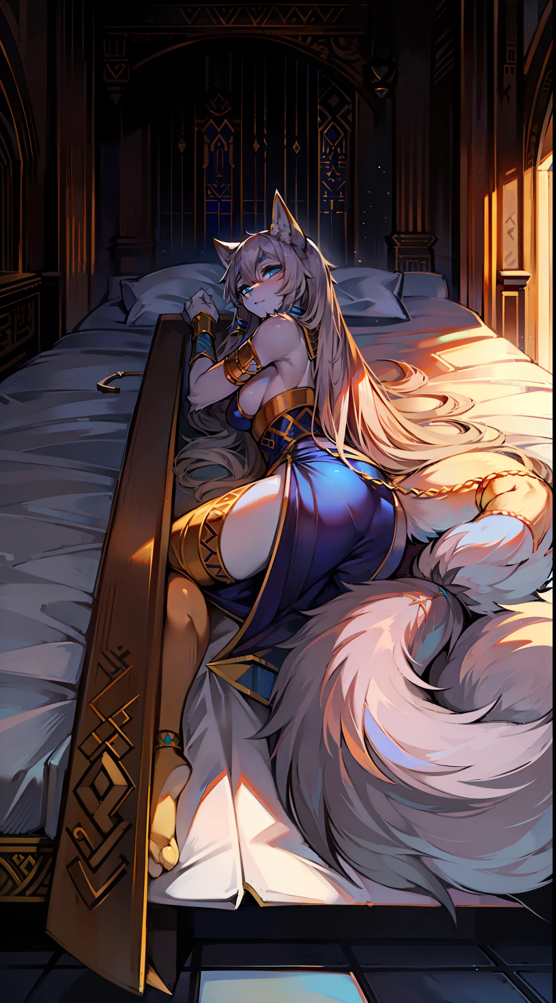 Egyptian dress-up，Big-tailed wolf female，blue color eyes，grey long hair，Lying on a bed in the palace