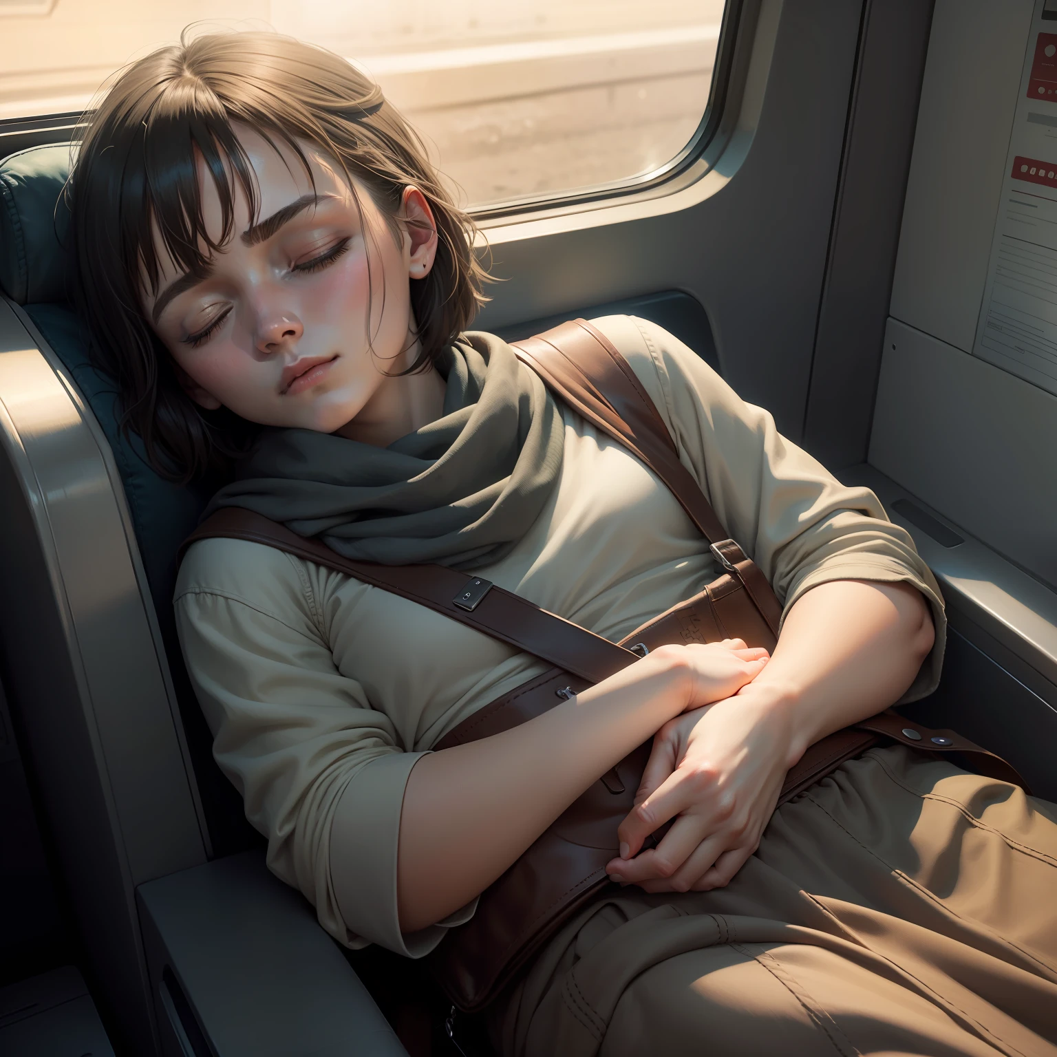 arya stark taking nap with closed eyes, tired but satisfied, traveling to future, bullet train, old fashion cloths, detailed face