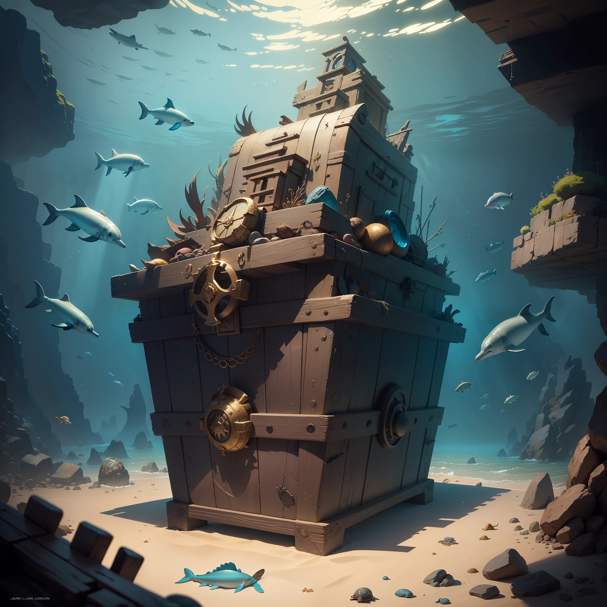 under water with lots of fish Dolphins a Treasure chest full of Inca treasure, an old shipwreck lots of gold beautiful Best quality, realistic, award-winning illustration in color, (fine detail) christian lassen style