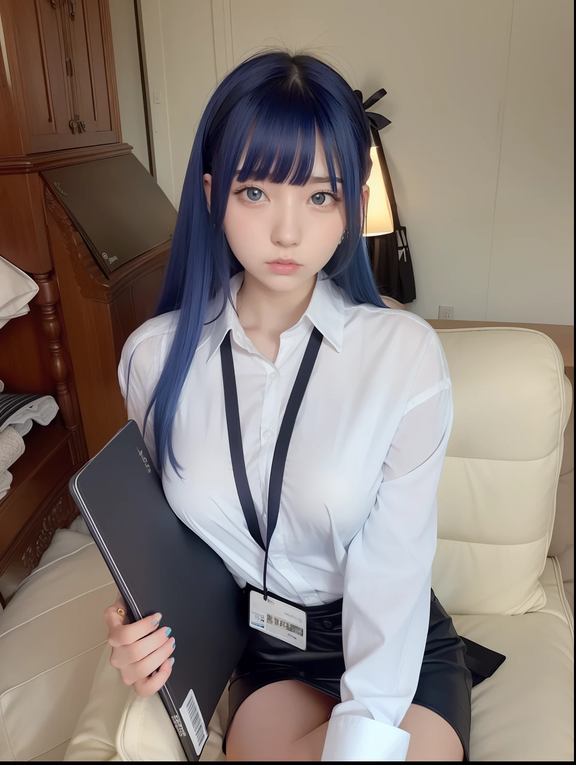1 girl,blue hair color,long hair,white shirt,using name identity,carrying black book,sitting on sofa,big boobs,black skirt