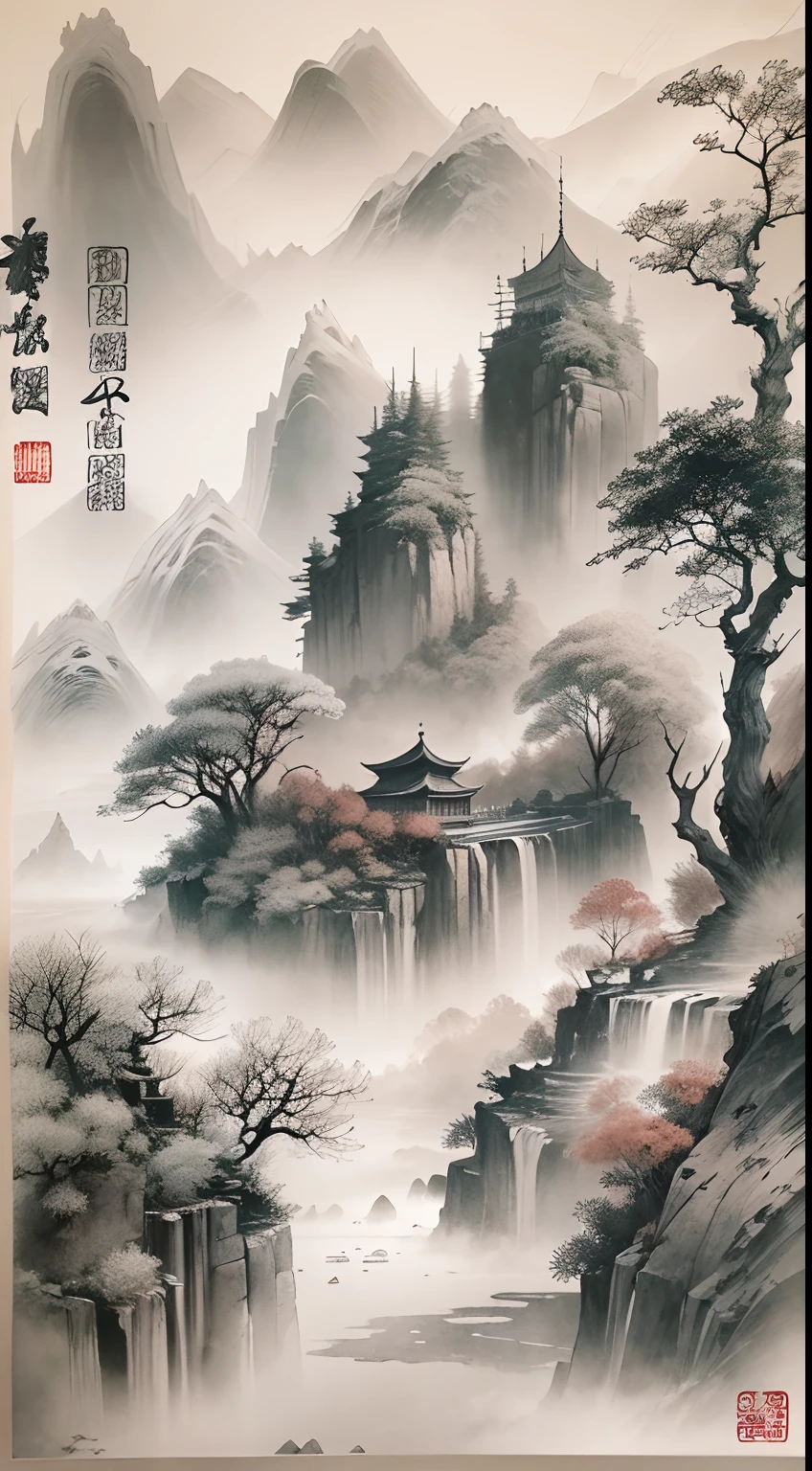ink and watercolor painting,Draw on rice paper,Use thick and light ink to create light and dark variations and layers,Pick the right ink color,Such as deep black、Thick gray、Light coffee, etc,to express different situations and atmospheres,Control the gradient and transition of ink color by the humidity and consistency of the ink,mont,Eau,the trees,Lake surface,Small broken boat,Bleak, Desolate, Solitude,Black and white tones,dead tree, Traditional Chinese Ink Painting, Traditional Chinese art, author:Guo Xi, author:Ma Yuanyu, Traditional Chinese painting, author:Xu Xi, author:Luo Mu, author:Yang Buzhi, author:Li Kelan, author:Gu An, Ink painting ) ) ) ), Chinese ink painting, Chinese painting style