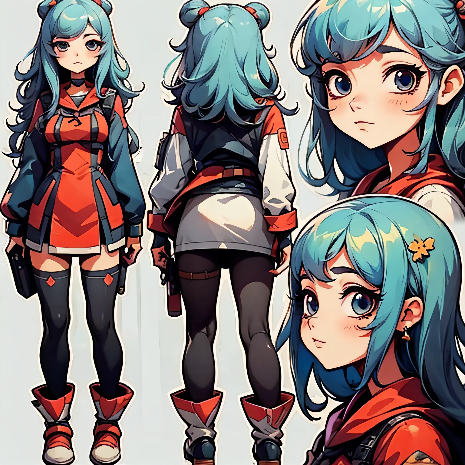 Character design sheet, same character, front, side, back), illustration, 1 girl, hair color, bangs, hairstyle fax, eyes, environment change, white background