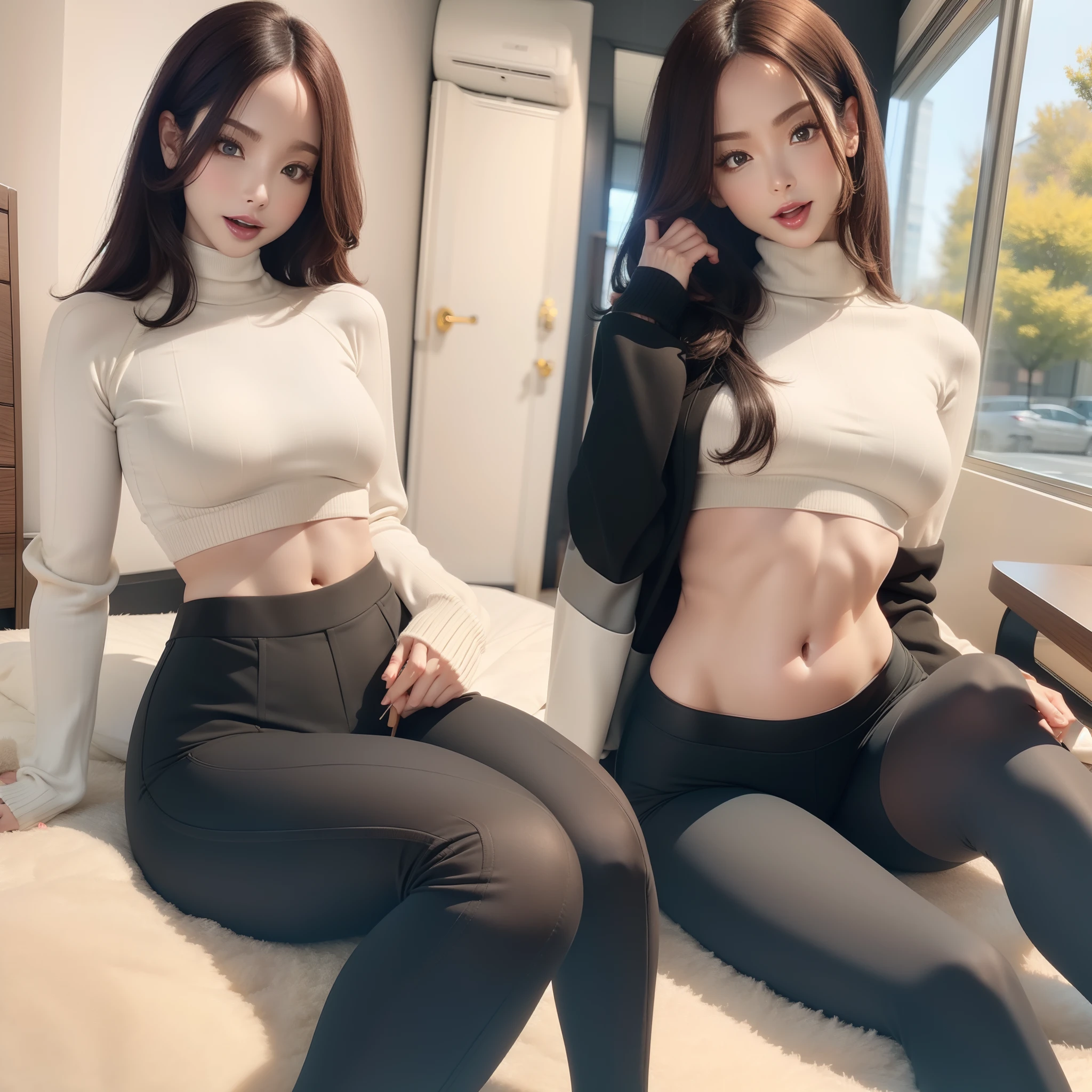 femele，Cropped sweater，shorter pants，blackstockings，Full，waist length hair，flat belly，Stick out your tongue