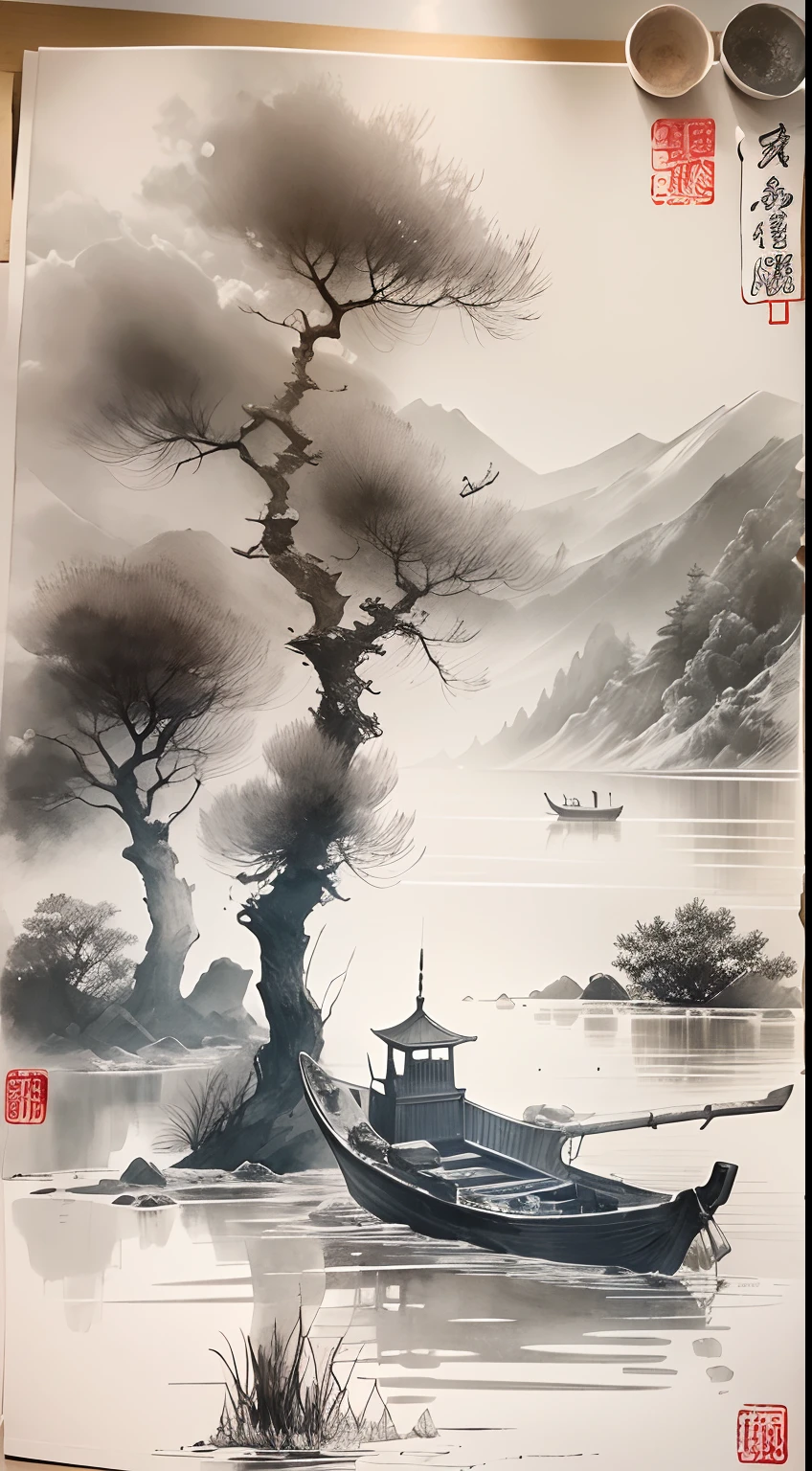 ink and watercolor painting,Draw on rice paper,Use thick and light ink to create light and dark variations and layers,Pick the right ink color,Such as deep black、Thick gray、Light coffee, etc,to express different situations and atmospheres,Control the gradient and transition of ink color by the humidity and consistency of the ink,mont,Eau,the trees,Lake surface,Small broken boat,Bleak, Desolate, Solitude,Black and white tones,dead tree, Traditional Chinese Ink Painting, Traditional Chinese art, author:Guo Xi, author:Ma Yuanyu, Traditional Chinese painting, author:Xu Xi, author:Luo Mu, author:Yang Buzhi, author:Li Kelan, author:Gu An, Ink painting ) ) ) ), Chinese ink painting, Chinese painting style