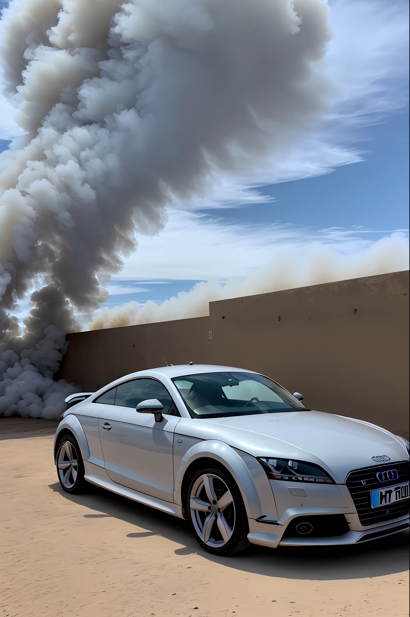 Crie para mim um Audi TT Branco No meio Do Fogo Derrapando com cores fortes e vibrantes
