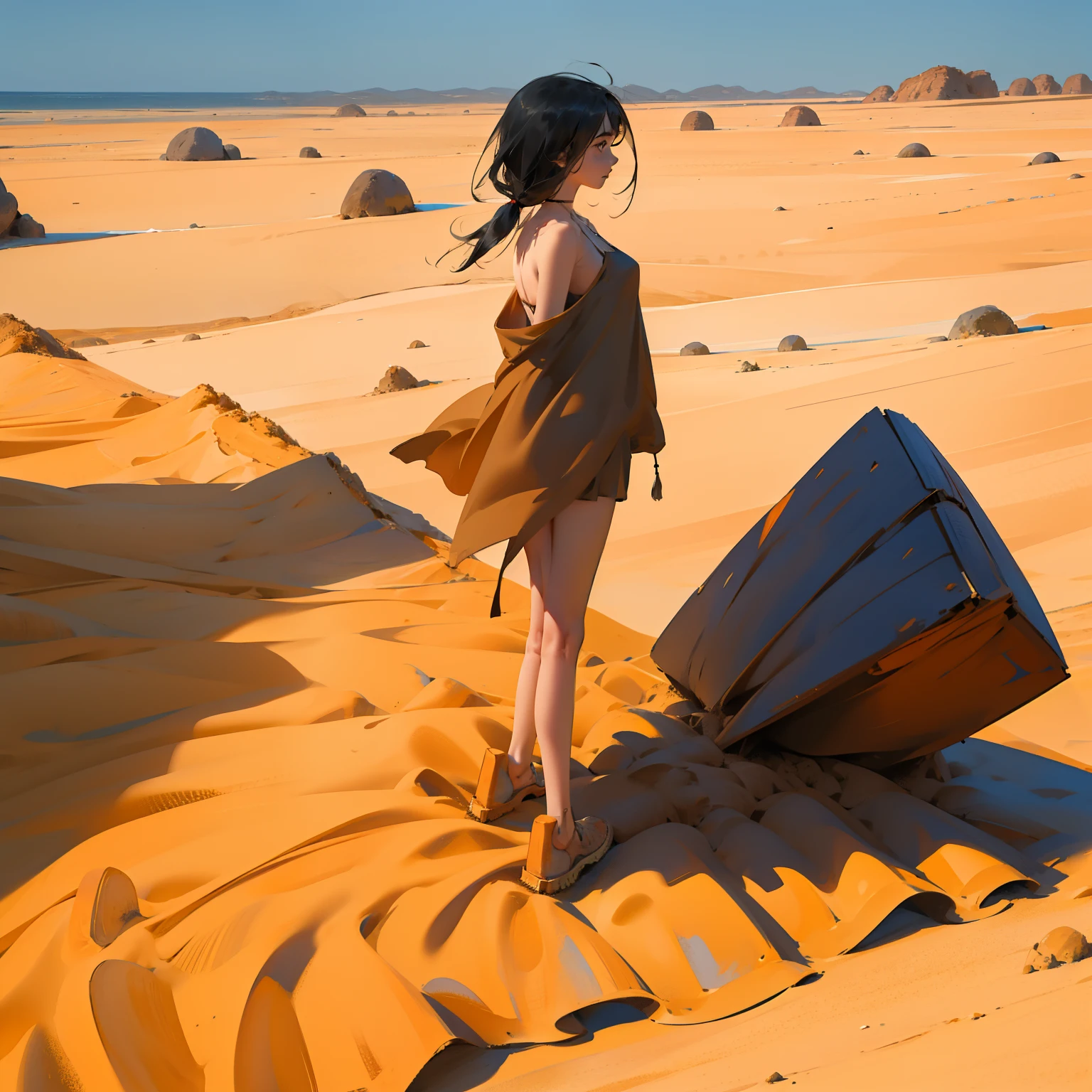 Garota,no meio de um deserto,ventando,areia, manto,pernas nuas, black hair, cabelo longo, cabelo ondulado,,sentada na areia