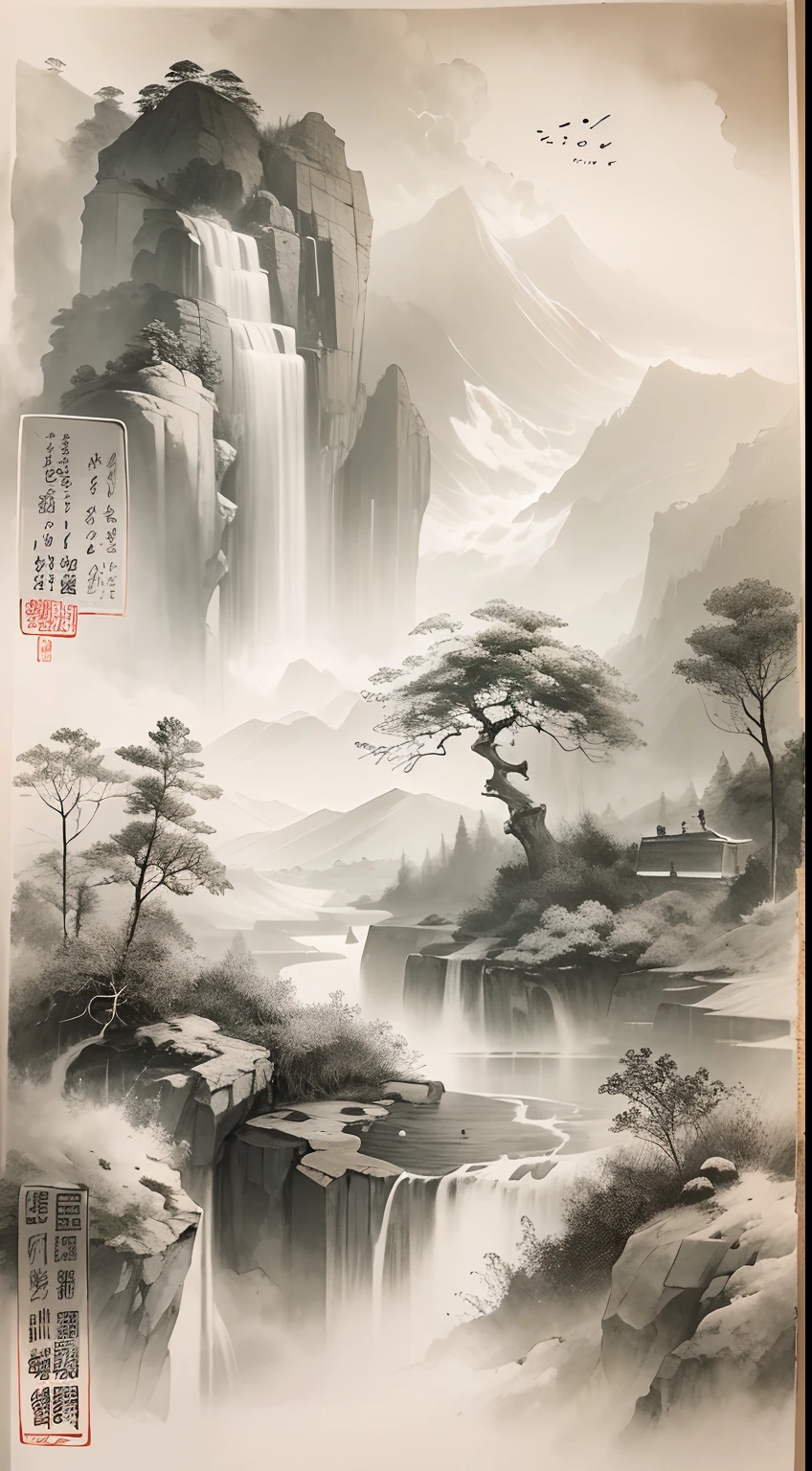 ink and watercolor painting,Draw on rice paper,Use thick and light ink to create light and dark variations and layers,Pick the right ink color,Such as deep black、Thick gray、Light coffee, etc,to express different situations and atmospheres,Control the gradient and transition of ink color by the humidity and consistency of the ink,mont,Eau,the trees,Lake surface,Small broken boat,Bleak, Desolate, Solitude,Black and white tones,dead tree, Traditional Chinese Ink Painting, Traditional Chinese art, author:Guo Xi, author:Ma Yuanyu, Traditional Chinese painting, author:Xu Xi, author:Luo Mu, author:Yang Buzhi, author:Li Kelan, author:Gu An, Ink painting ) ) ) ), Chinese ink painting, Chinese painting style