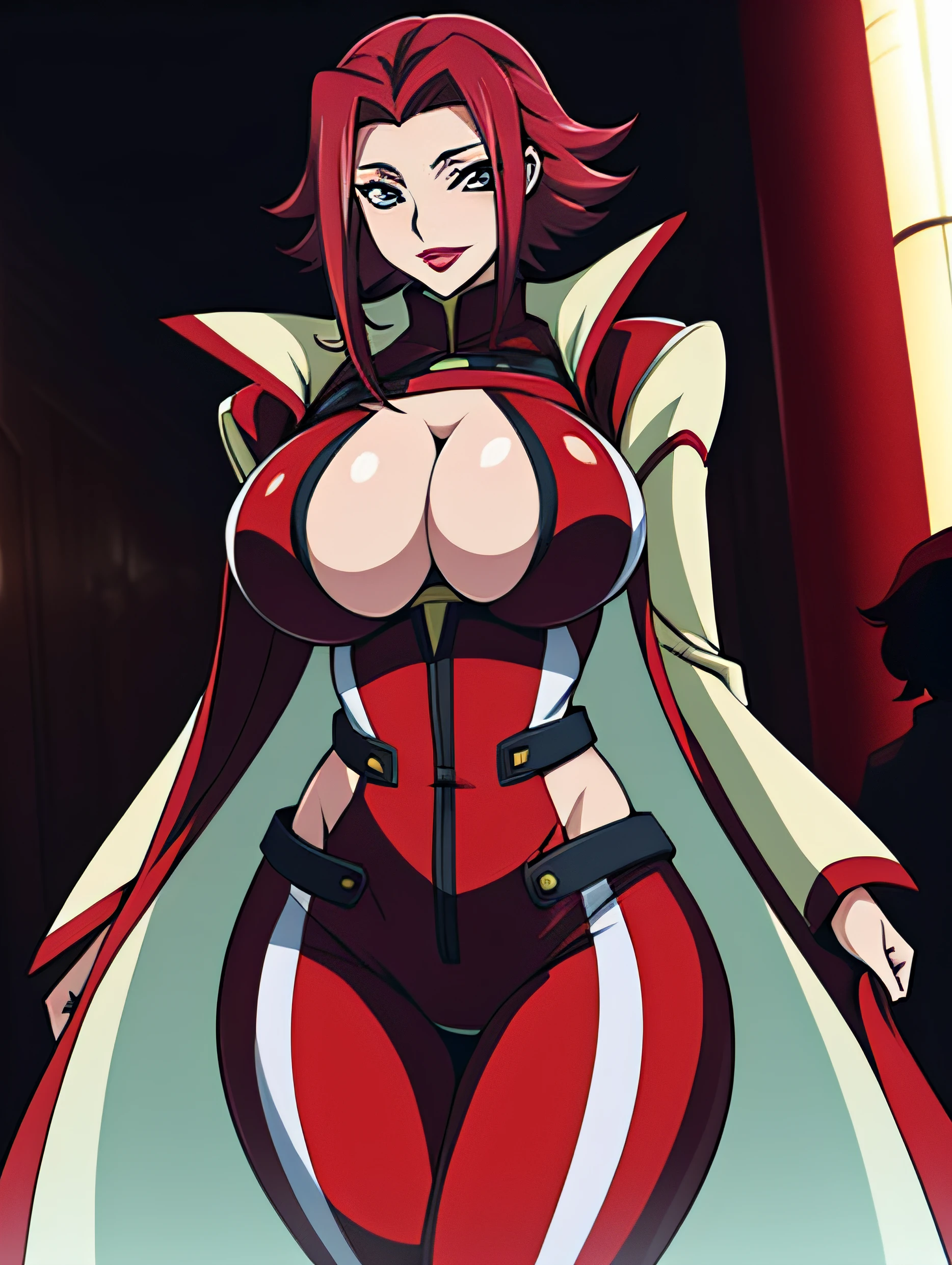CodeGeass, kallen kozuki, 1girl, (((bimbo))), puffy lips, painted lips, thick lips. Long red hair, wide hips, thick thighs, red tight suit, big breasts, big ass, revealing cleavage, erotic, nipples, standing in front of me, smile face, thick highs,
