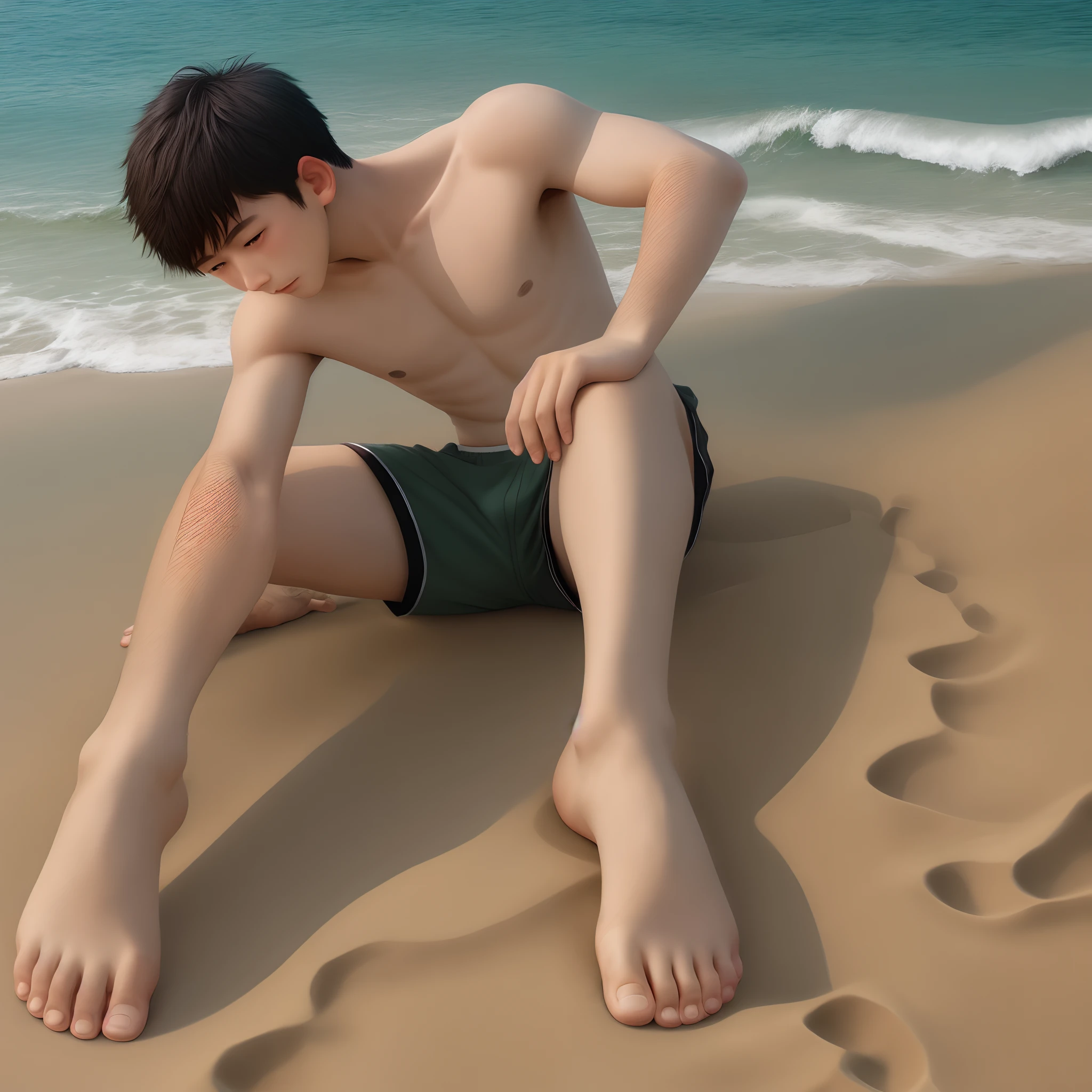 photorealestic,sandbeach,Shota,bare-legged,soles of feet,Scratch your feet,binding,adolable,Libido boy