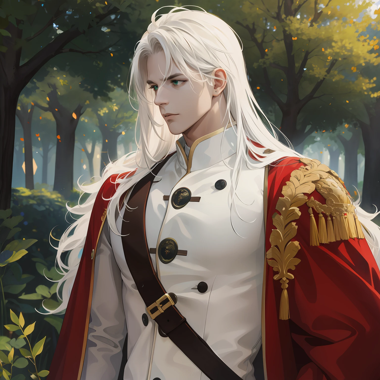 (absurdres, highres, ultra detailed), (1 male, solo, adult, mature, aged up, tall muscular guy, broad shoulders, handsome), wavy white hair, green eyes, BREAK, forest, fantasy, white red and brown Uniform, extremely detailed face, upper body, Long hair, beautiful, confident