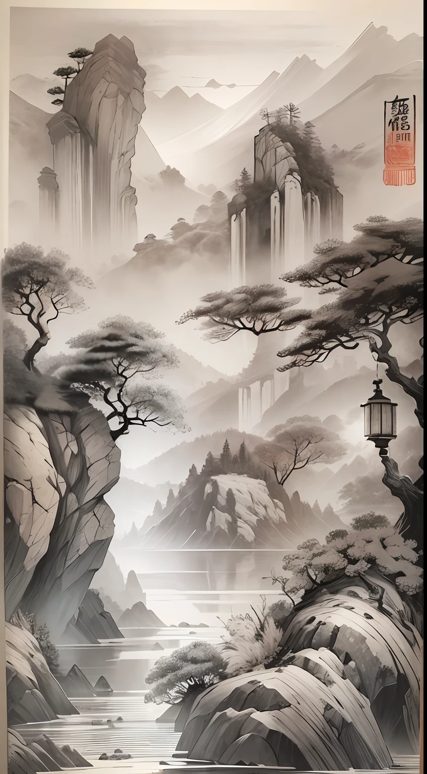 ink and watercolor painting,Draw on rice paper,Use thick and light ink to create light and dark variations and layers,Pick the right ink color,Such as deep black、Thick gray、Light coffee, etc,to express different situations and atmospheres,Control the gradient and transition of ink color by the humidity and consistency of the ink,mont,Eau,the trees,Lake surface,Small broken boat,Bleak, Desolate, Solitude,Black and white tones,dead tree, Traditional Chinese Ink Painting, Traditional Chinese art, author:Guo Xi, author:Ma Yuanyu, Traditional Chinese painting, author:Xu Xi, author:Luo Mu, author:Yang Buzhi, author:Li Kelan, author:Gu An, Ink painting ) ) ) ), Chinese ink painting, Chinese painting style