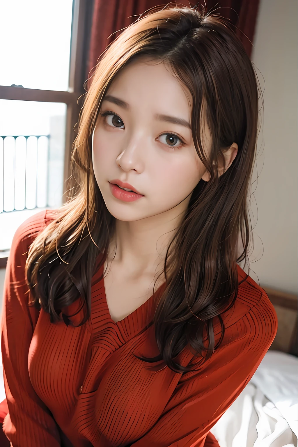 randome pose、top-quality、超A high resolution、(Photorealsitic:1.5)、女の子1人、Red sweater、(Curly hair:1.2)、(huge-breasted:1.2)、a room、looking at viewert、a closeup、full body Esbian、Nasty eyes、embarassed face