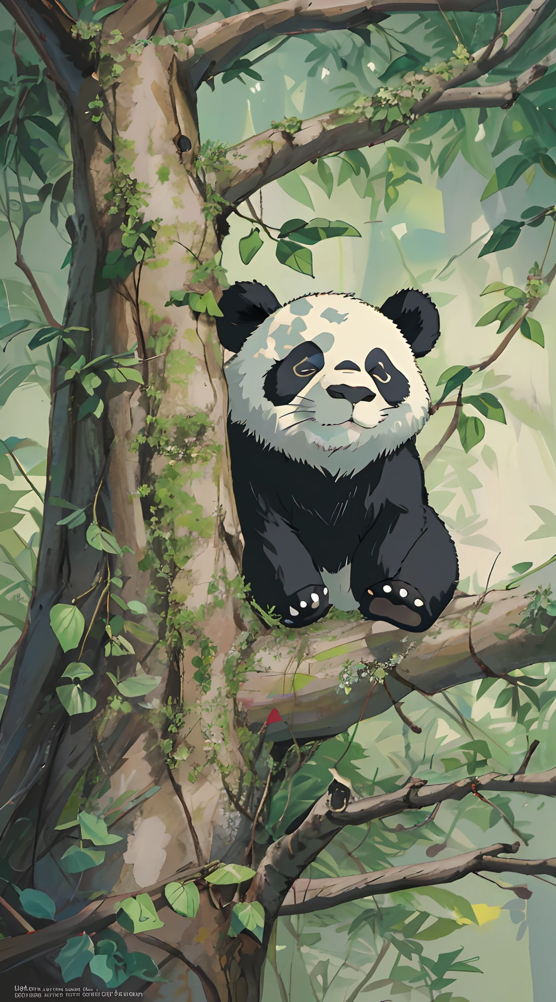 Panda bear sitting on a tree with green leaves and branches, panda, um panda gigante bonito, Panda bonito, Dia de Tian, por Yang J, Panda Panda Panda, "Retrato de um animal de desenho animado, Feng Zhu |, pintura digital altamente detalhada, por Ni Tian, painting digital adorable, affable , Wenjun Lin, wildlife illustration, full-colour illustration, Designed as perfection,